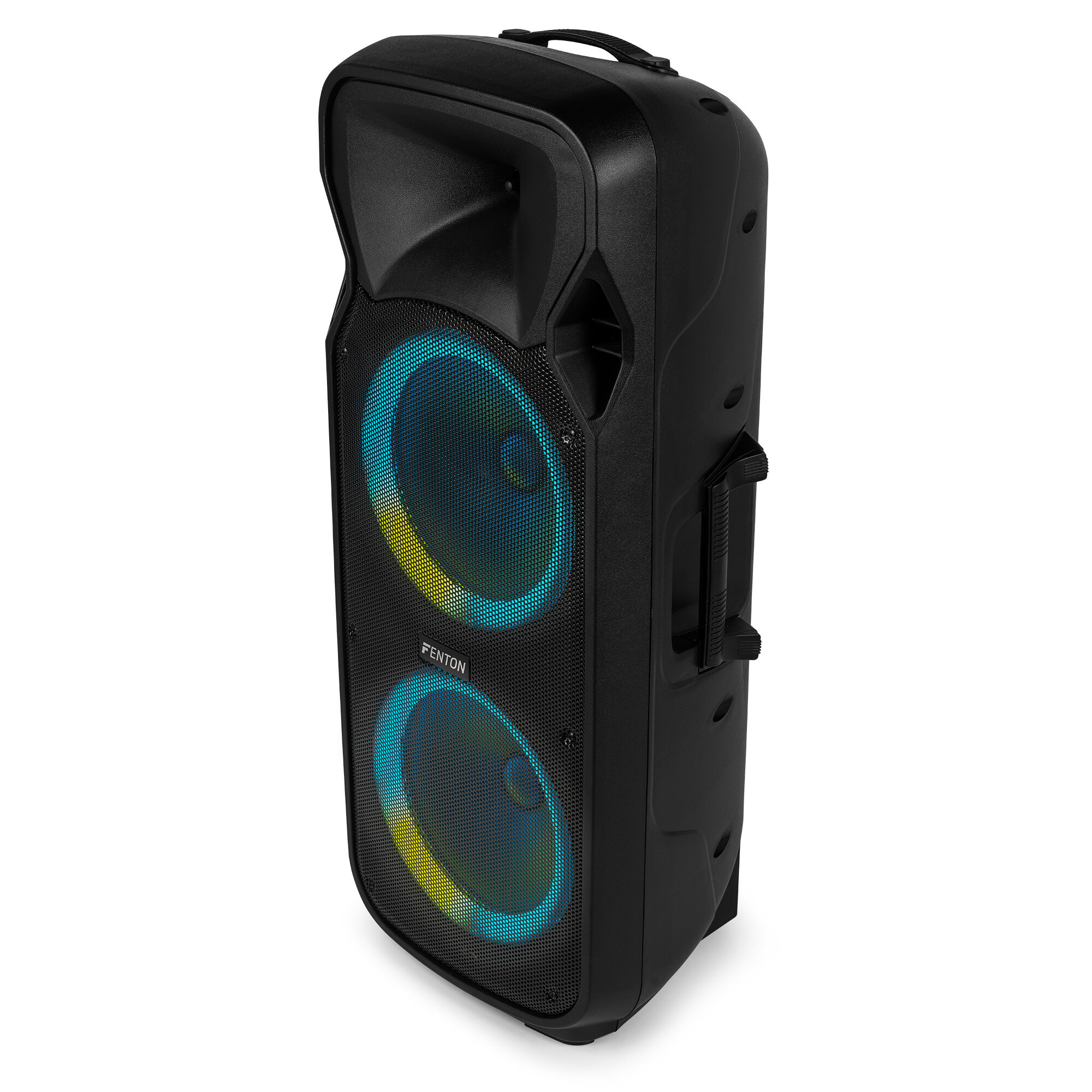 Un altavoz negro con un anillo de luz de color alrededor del altavoz. El altavoz está sobre un fondo blanco.