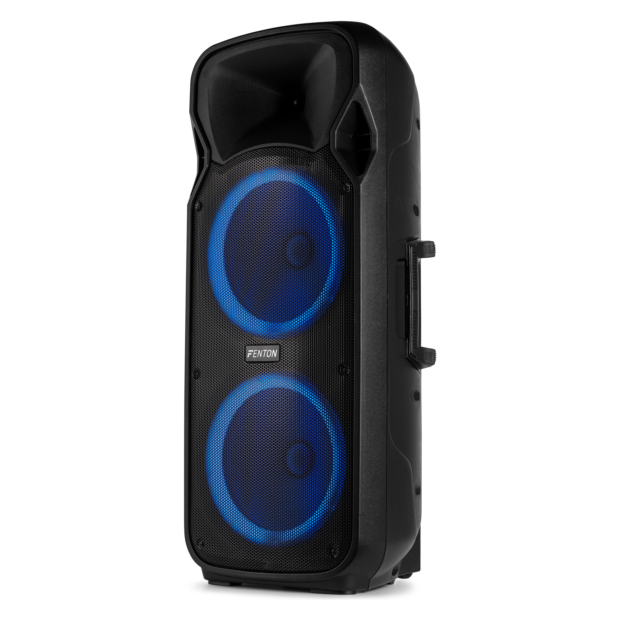 Altavoz negro con dos anillos azules brillantes. El altavoz tiene el logo FENTON.