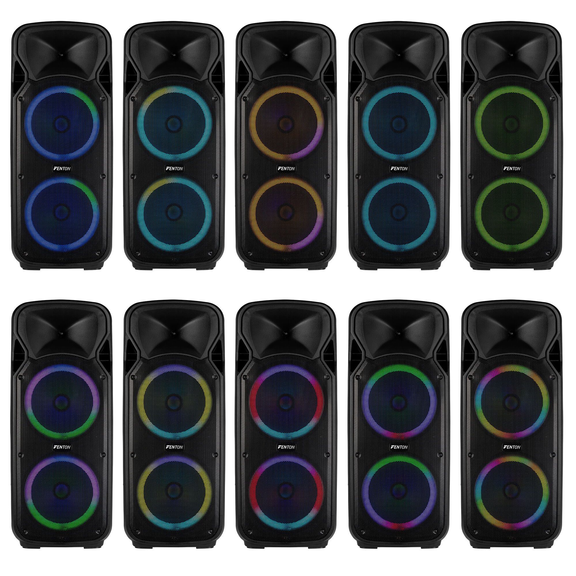 Diez altavoces negros con anillos de luz coloridos. Todos los altavoces tienen el logo FENTON.