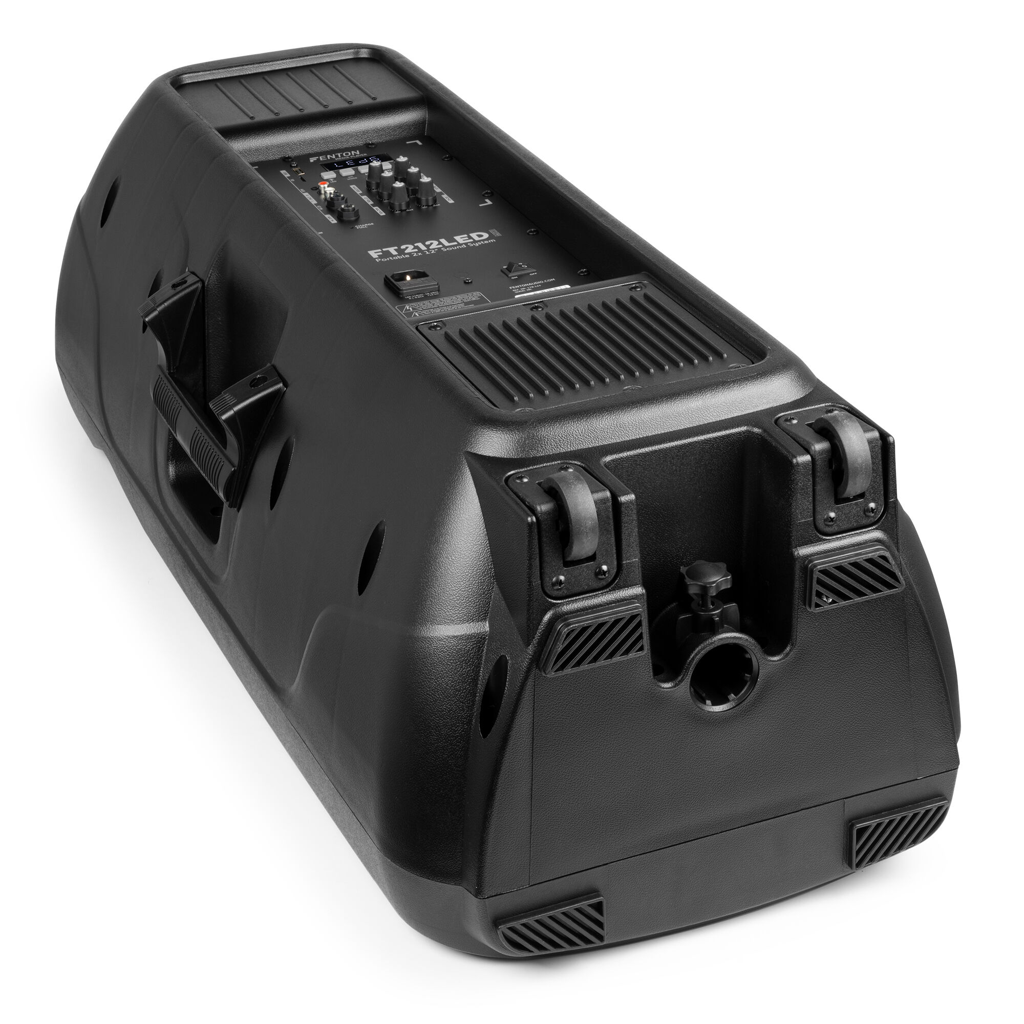 Altavoz negro tumbado. El panel de control y las ruedas son visibles. El modelo es FT212LED.