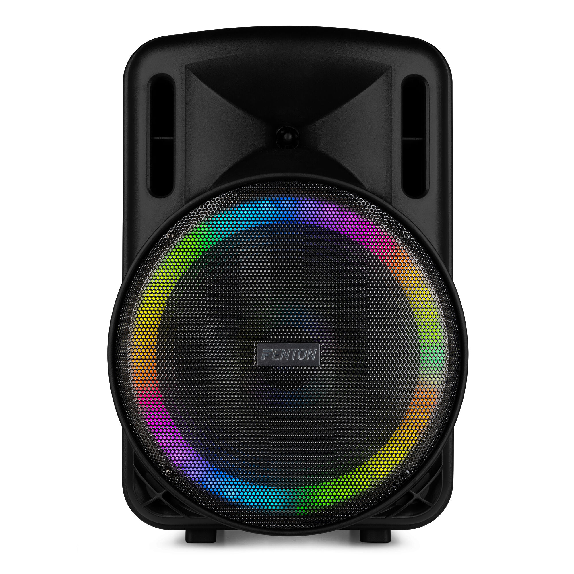 Altavoz negro con rejilla de altavoz que tiene un anillo de color. Fondo blanco.