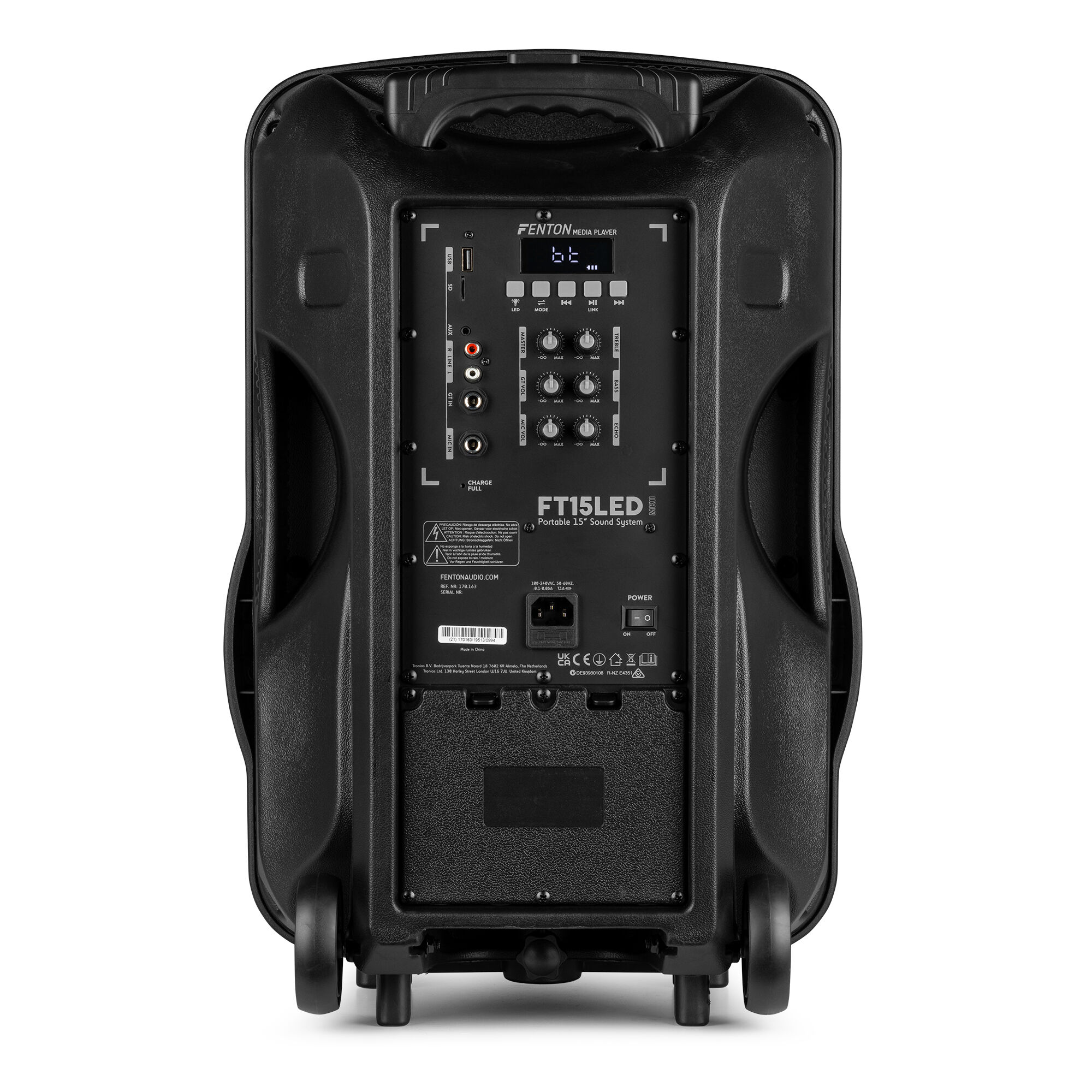 Vista trasera del altavoz negro con controles y ruedas. El modelo es FT15LED.