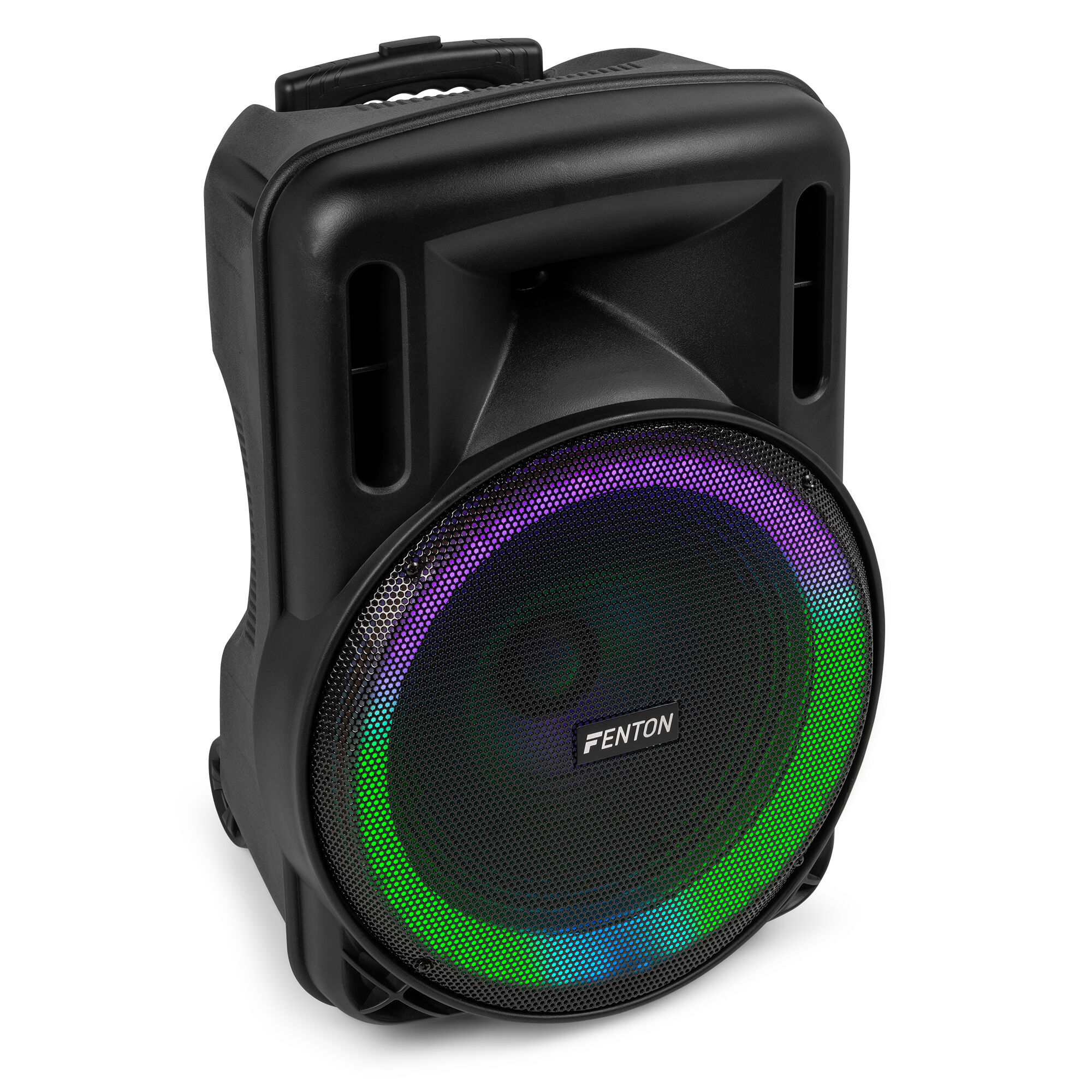 Altavoz negro con un anillo de color alrededor del altavoz. Fondo blanco.