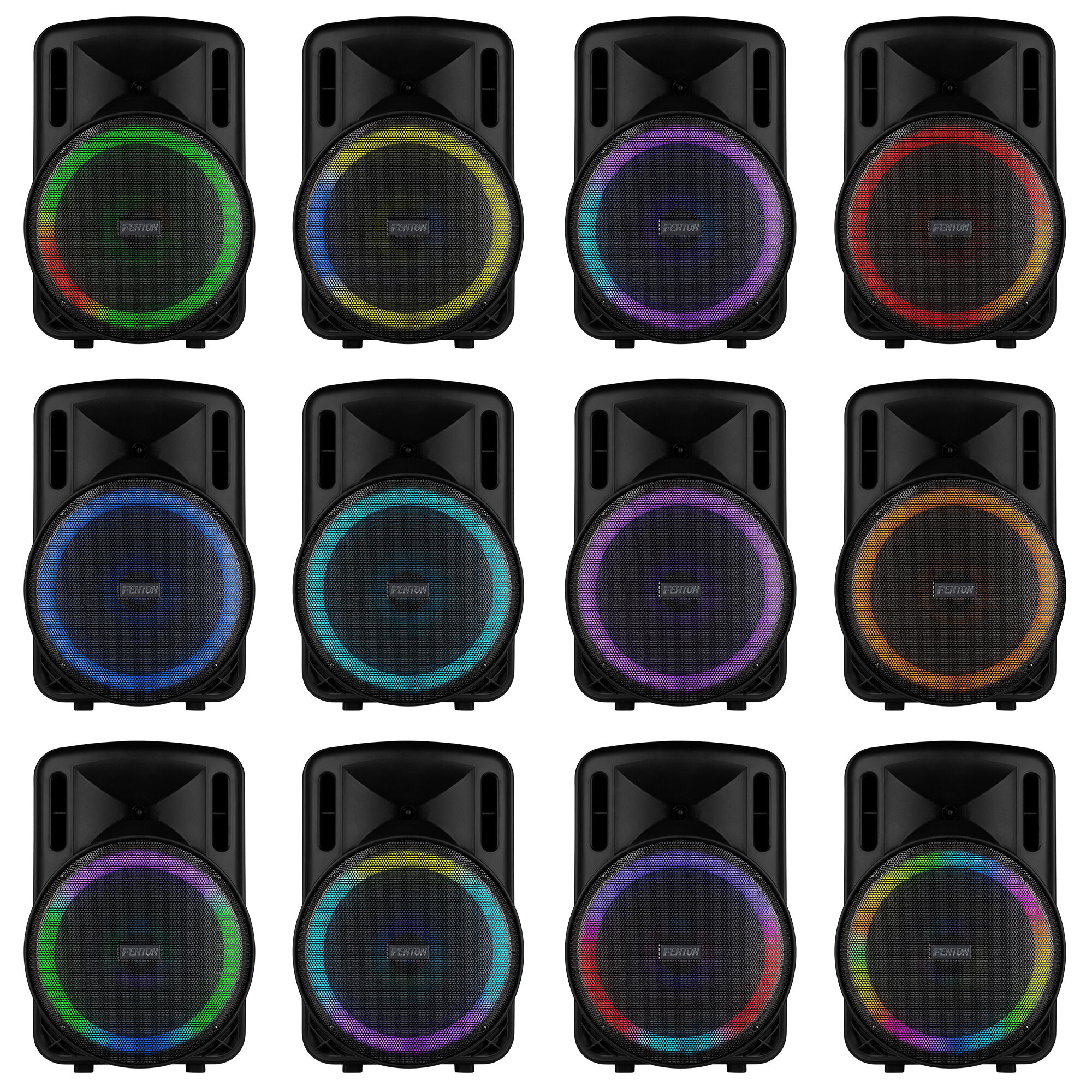 Doce altavoces con anillos de colores alrededor de los altavoces. Fondo blanco.