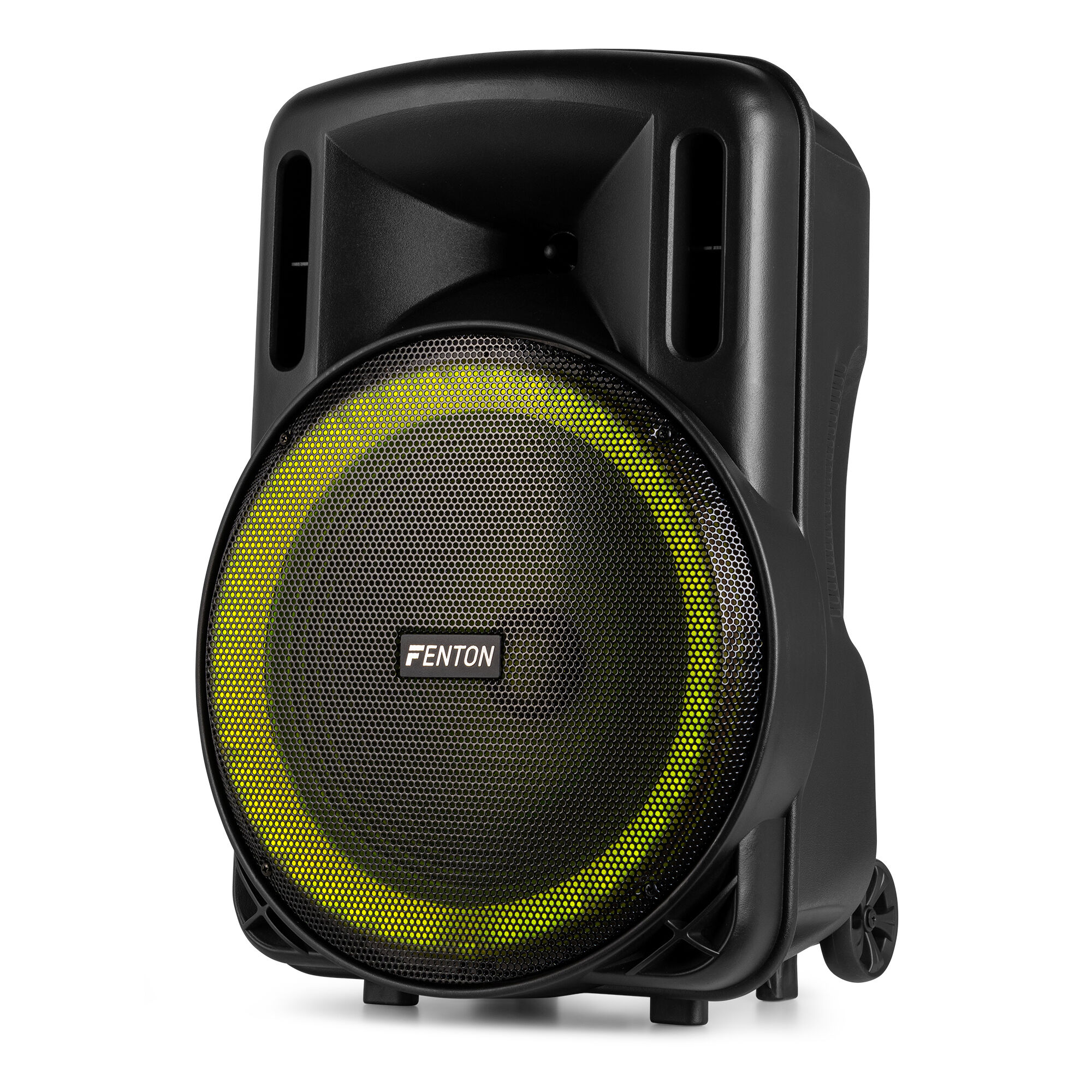 Altavoz negro con un anillo de color amarillo alrededor del altavoz. Fondo blanco.