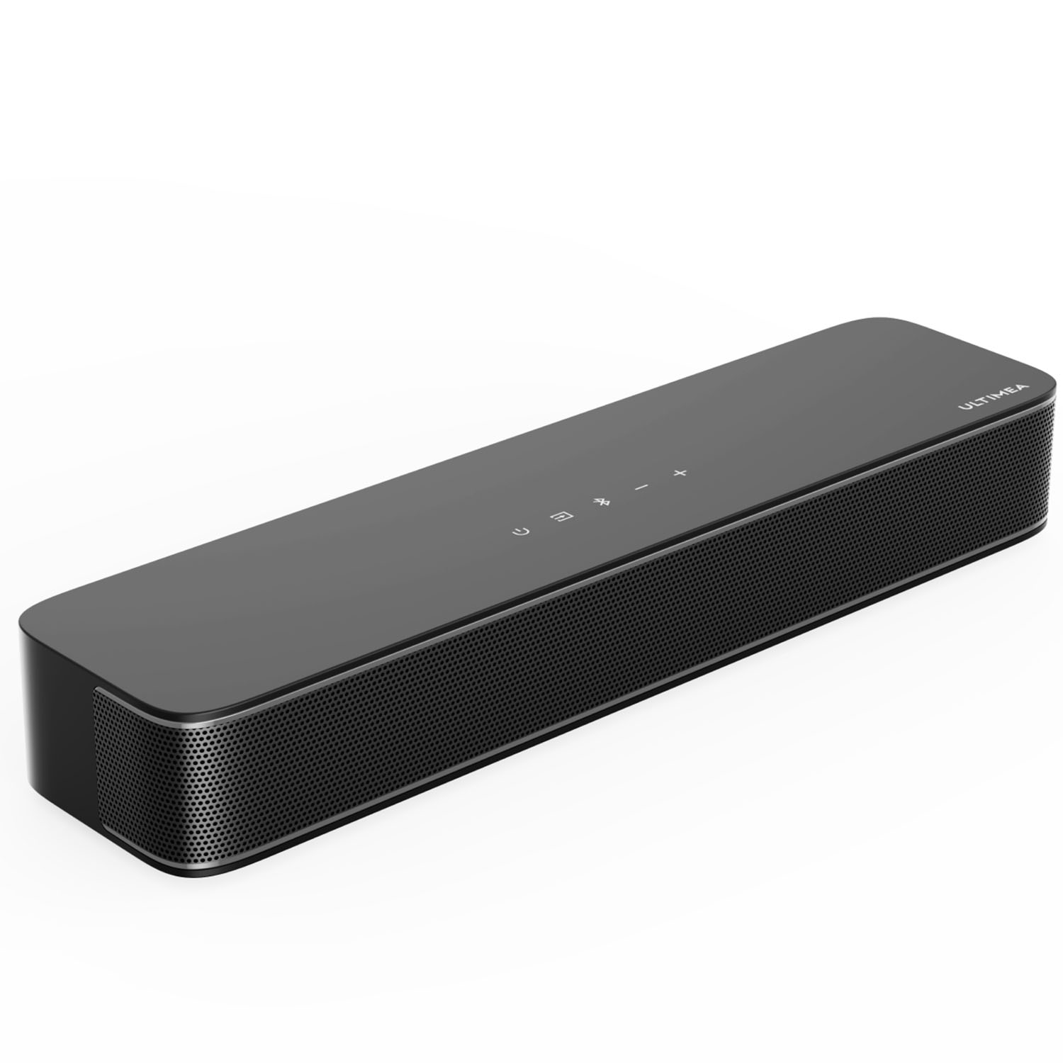 Une barre de son noire avec des boutons et le logo Ultimea.