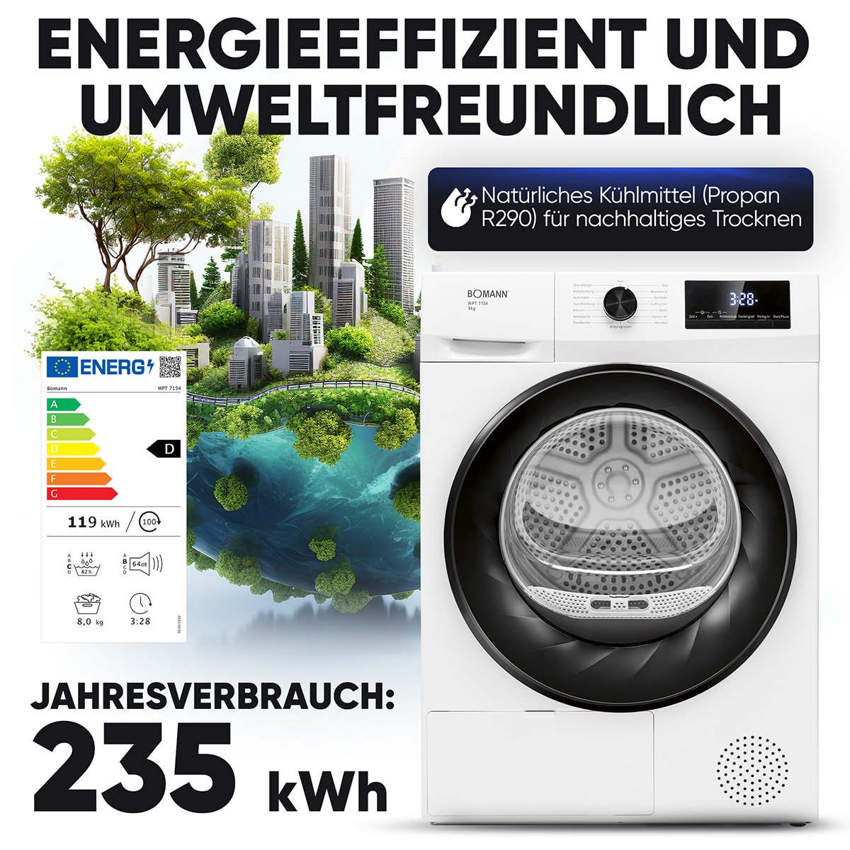Ein Energielabel für einen Bomann-Trockner mit Energieeffizienz und anderen Daten.