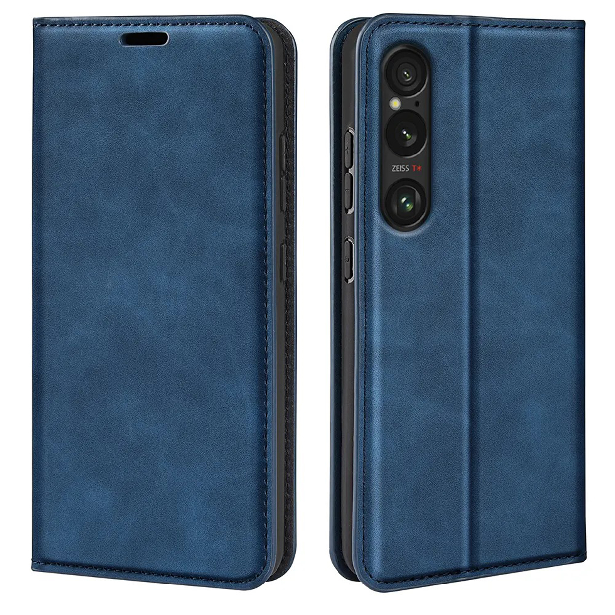 Blauwe telefoonhoes gesloten. De achterkant heeft drie camera's en het Zeiss-logo. Witte achtergrond.