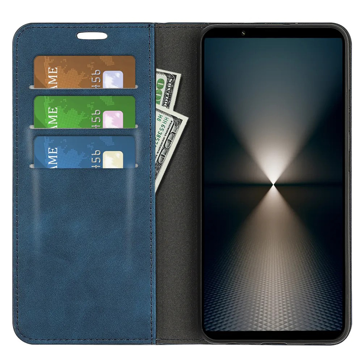 Blauwe telefoonhoes open met kaarten en geld. Telefoon staat rechts. Het scherm is zwart.