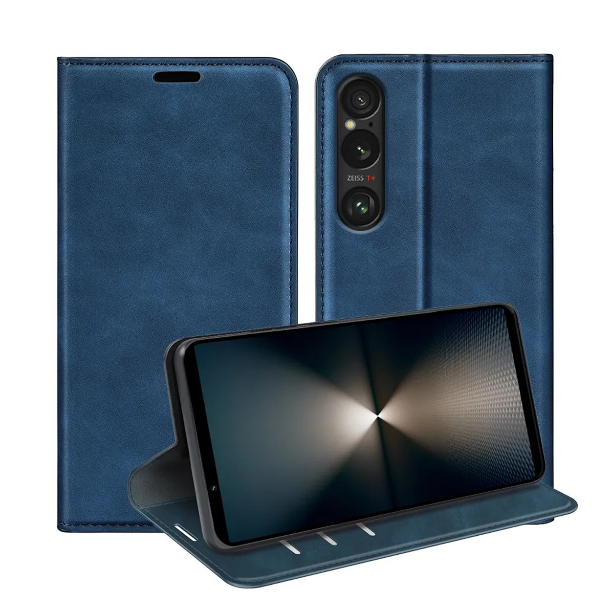 Blauwe telefoonhoes, open, met de telefoon in een gekantelde positie. De achterkant heeft drie camera's.