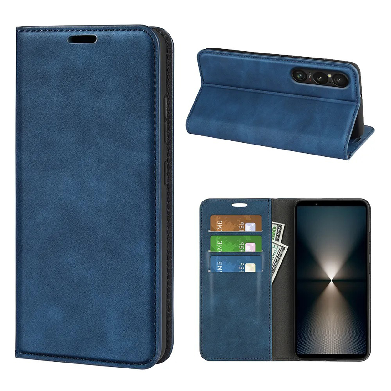 Blauwe telefoonhoes, open met kaarten en geld. Telefoon staat rechts. Witte achtergrond.