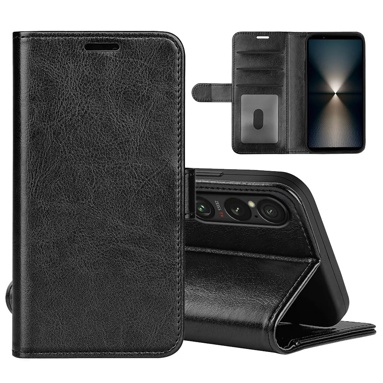 Étui de téléphone noir, ouvert avec téléphone. Le téléphone est à droite. L'arrière a trois caméras.