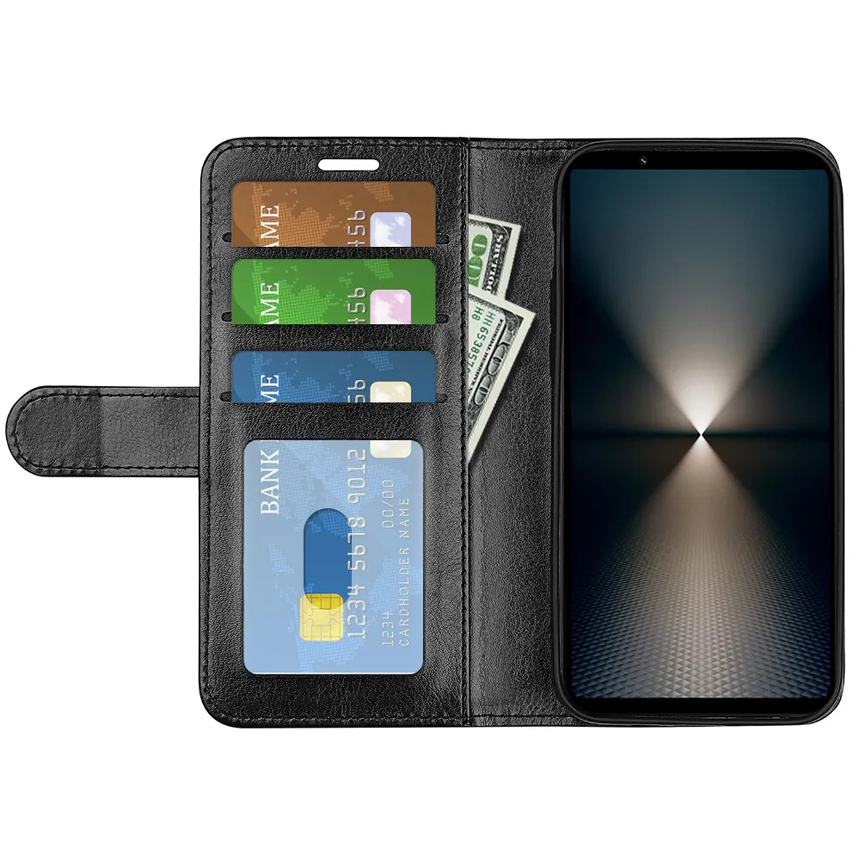 Étui de téléphone noir ouvert avec cartes et argent. Le téléphone est à droite. Le fond est blanc.