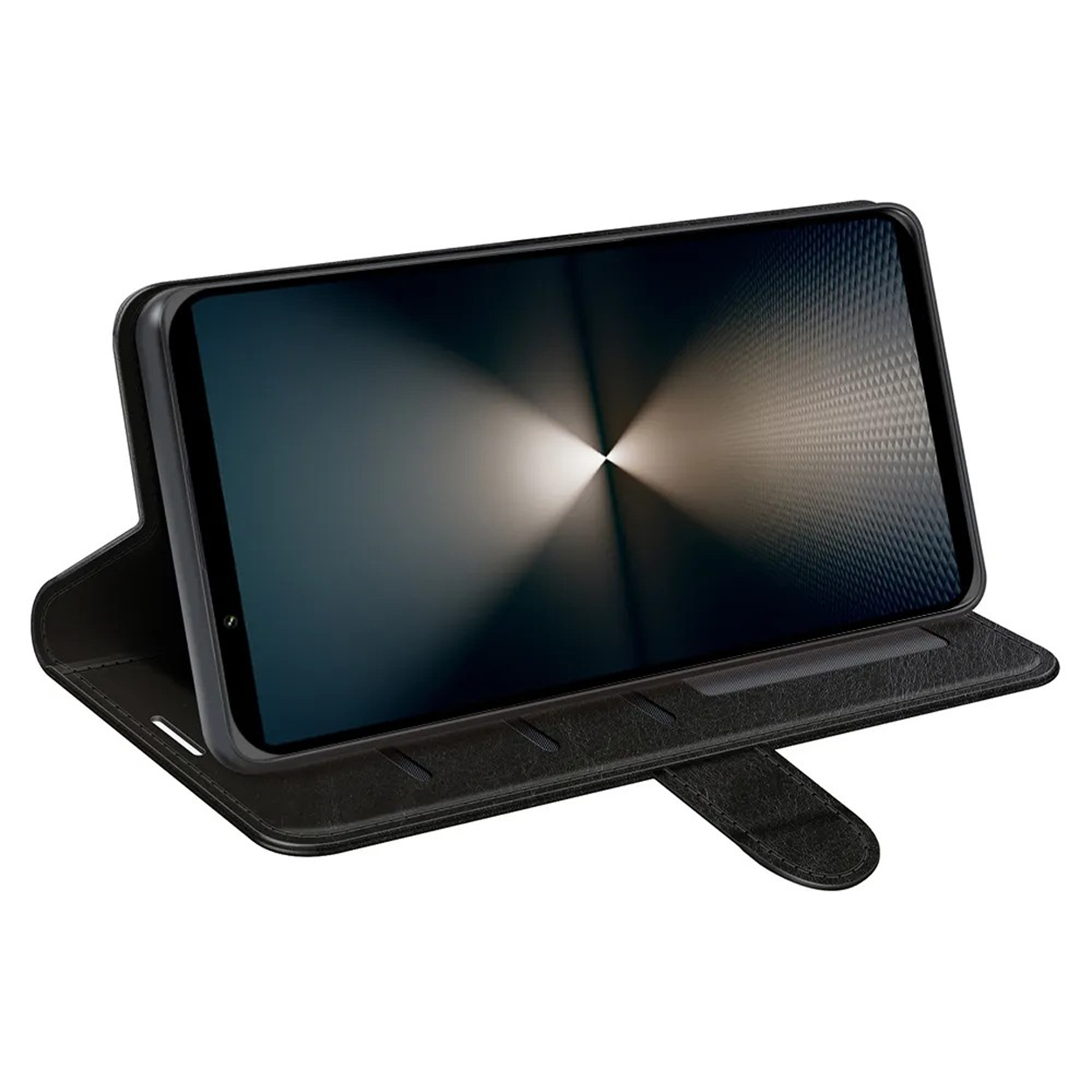 Étui de téléphone noir avec le téléphone à l'intérieur, ouvert. L'écran du téléphone a un effet de lumière flou en arrière-plan.
