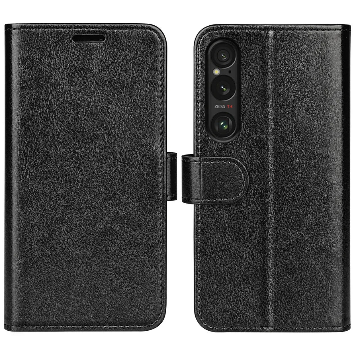 Étui de téléphone noir, fermé. L'arrière possède trois caméras et un objectif Zeiss. Fond blanc.