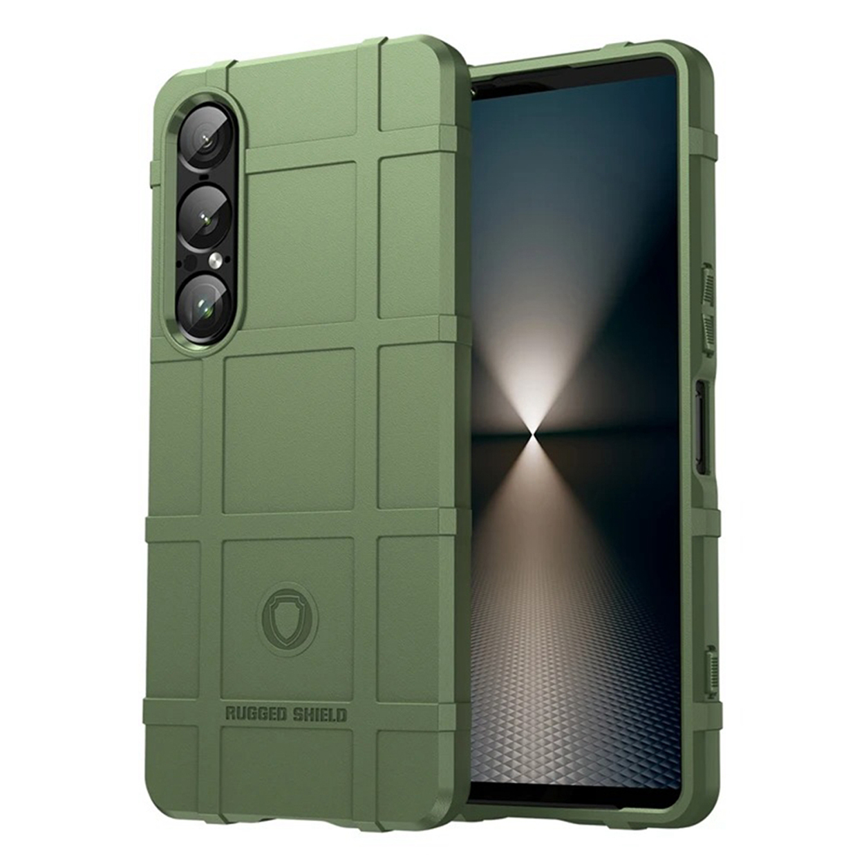 Groene telefoonhoes op een witte achtergrond. De hoes heeft een robuust ontwerp en de telefoon zit erin.