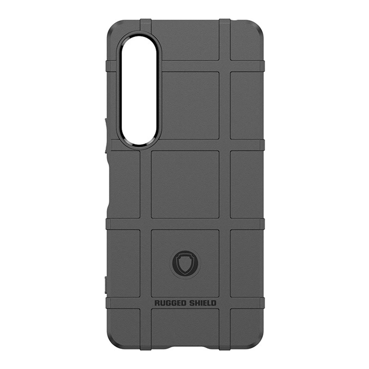 Close-up van een grijze telefoonhoes met een getextureerd rasterpatroon en de woorden 'Rugged Shield'.