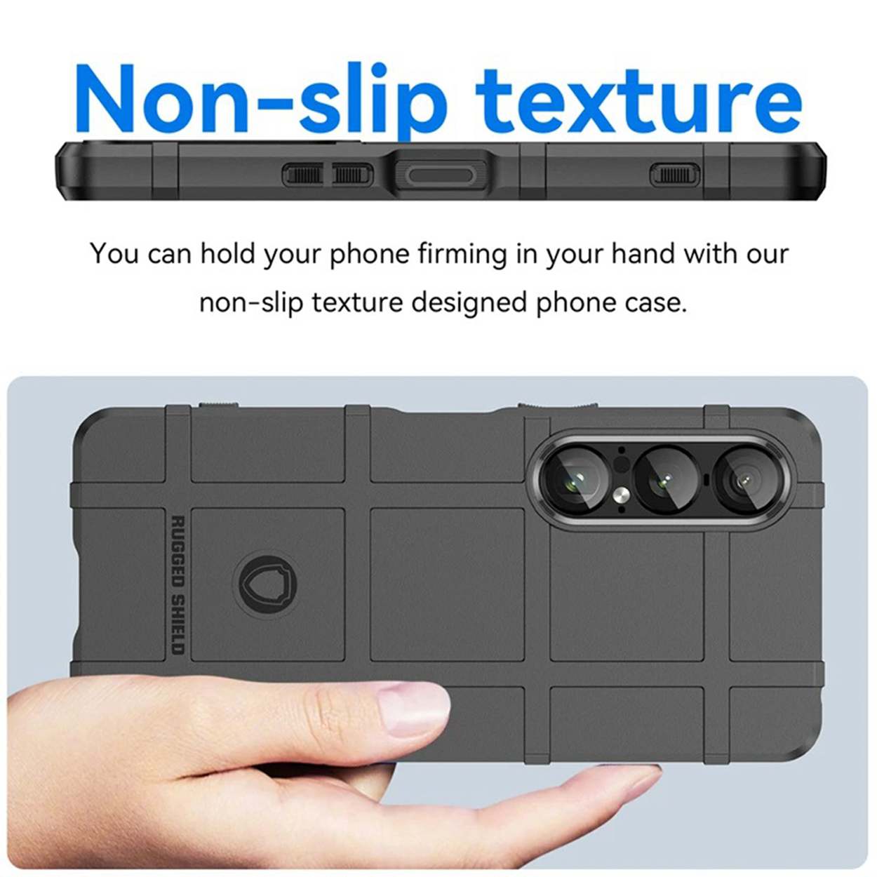 Grijze telefoonhoes met een getextureerd rasterpatroon. De tekst luidt 'Non-slip texture'. Een hand houdt de hoes vast.