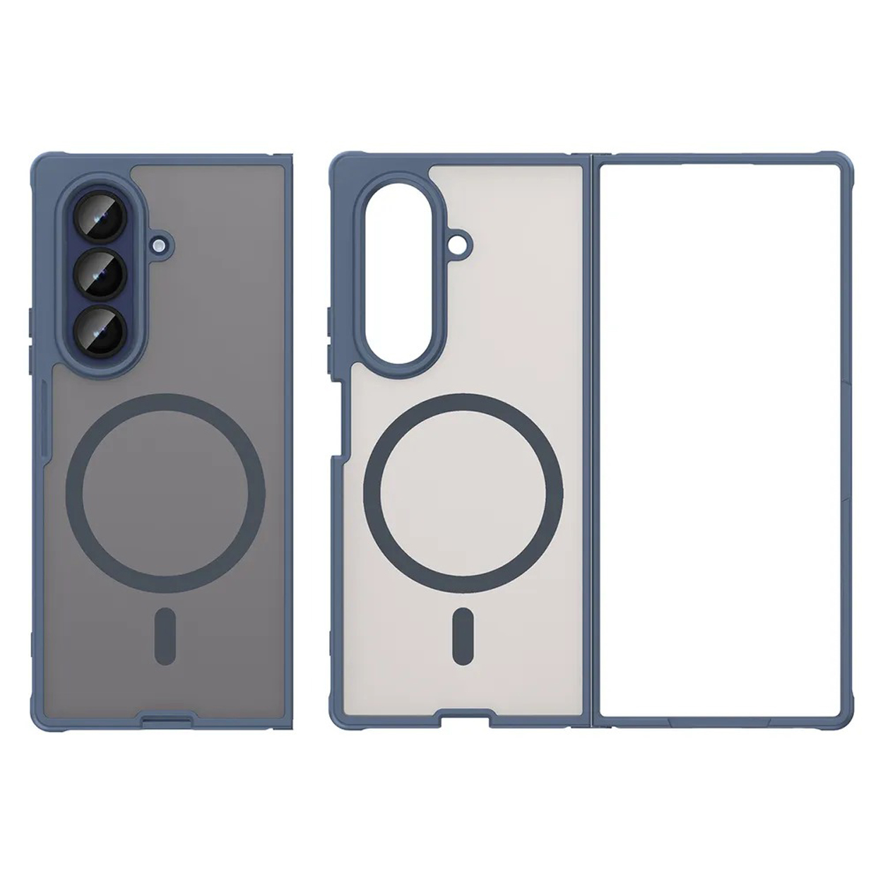 Étui de téléphone bleu et gris avec le téléphone à l'intérieur. L'étui est en deux parties et a un cercle.