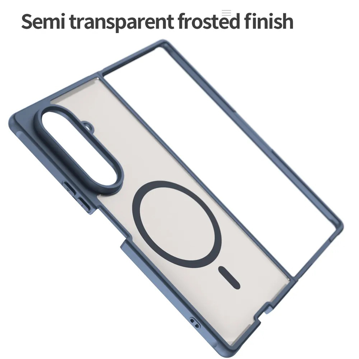 Coque de téléphone avec une finition givrée semi-transparente. L'arrière est montré avec une découpe pour la caméra et un anneau magnétique.