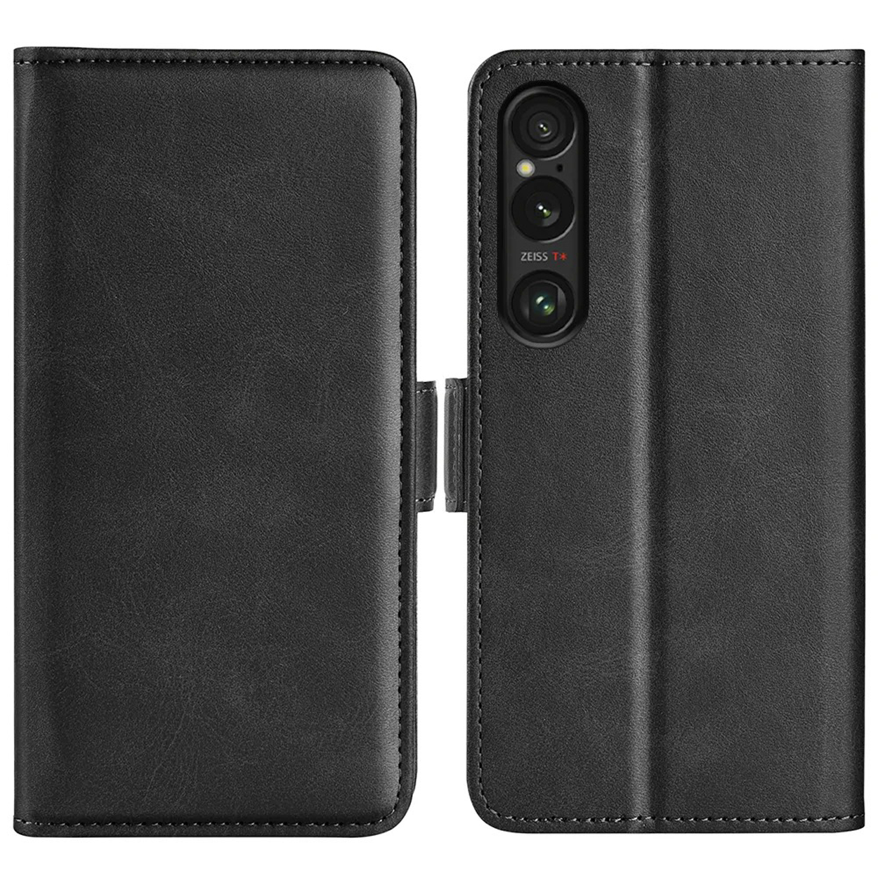 Zwarte telefoonhoes in gesloten positie. De hoes is voorzien van de camera met ZEISS-lens.