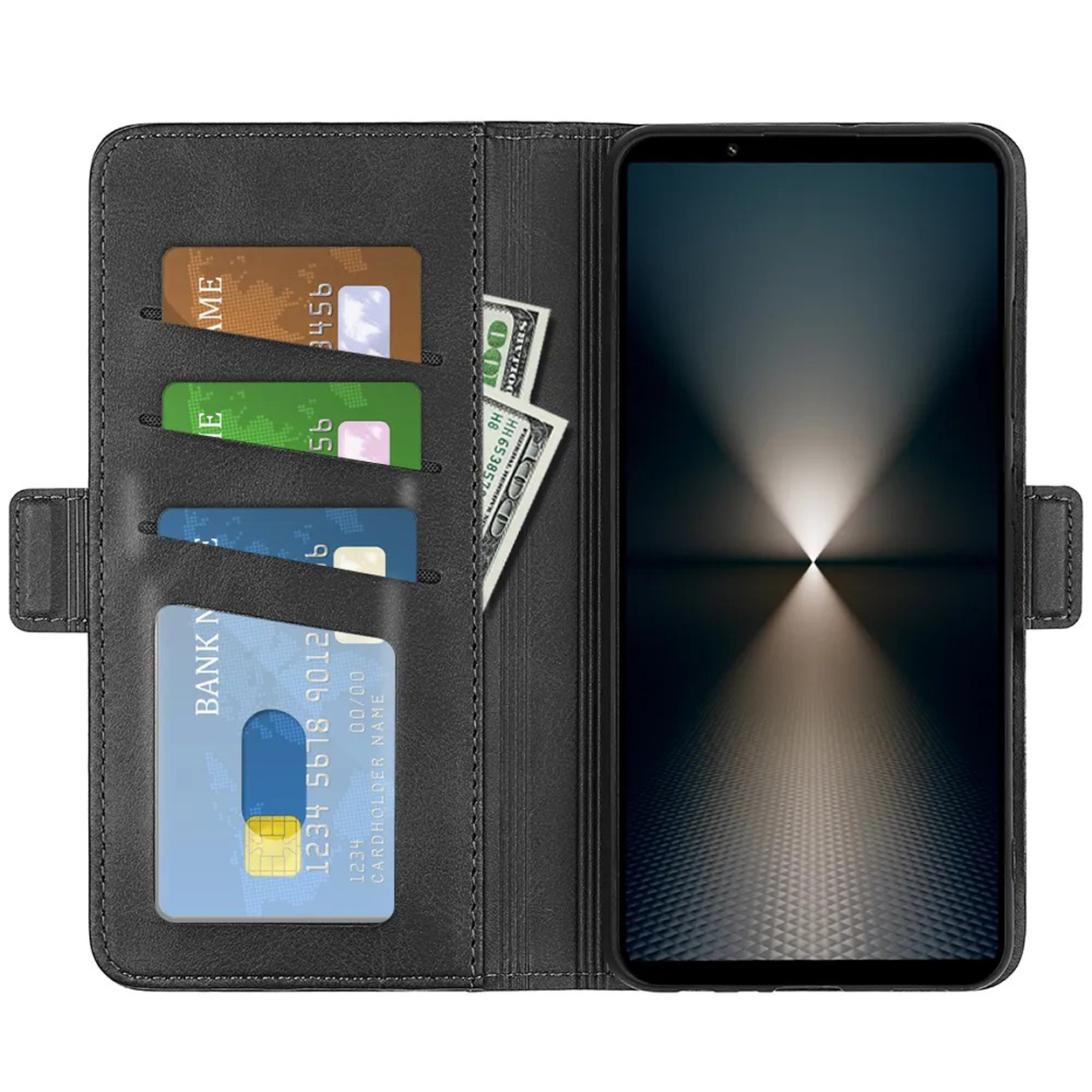Open zwarte leren telefoonhoes met creditcardvakjes en een telefoon erin. Er zit ook geld in de hoes.
