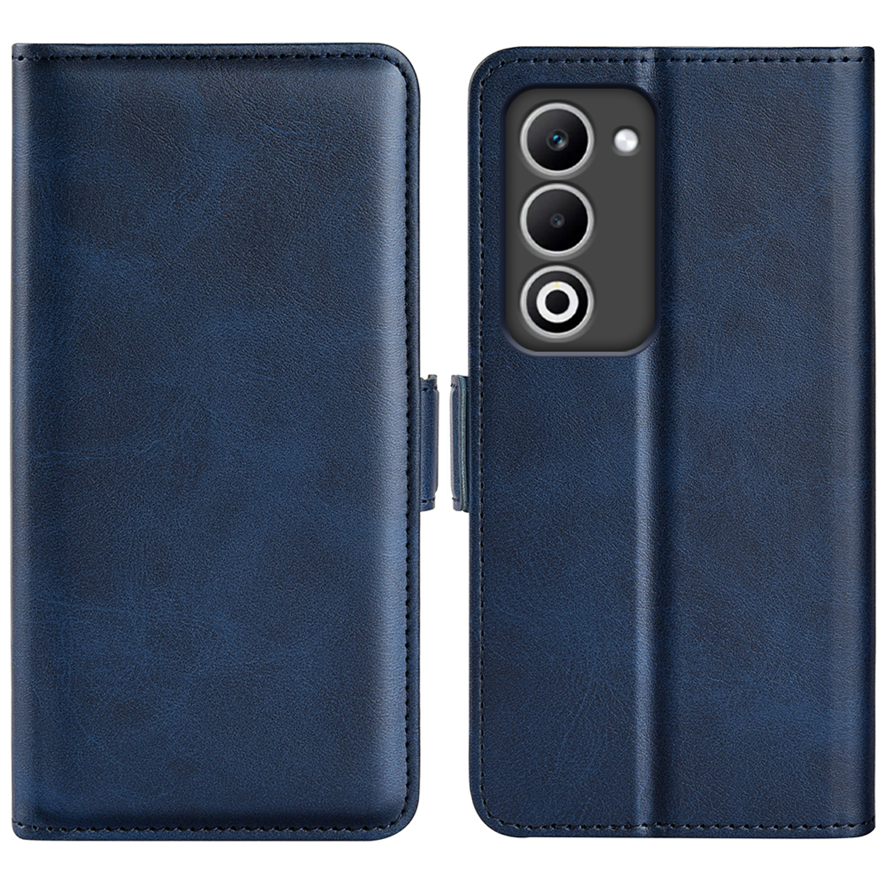 Marineblauwe telefoonhoes in open en gesloten positie. De gesloten hoes heeft een knoopsluiting.
