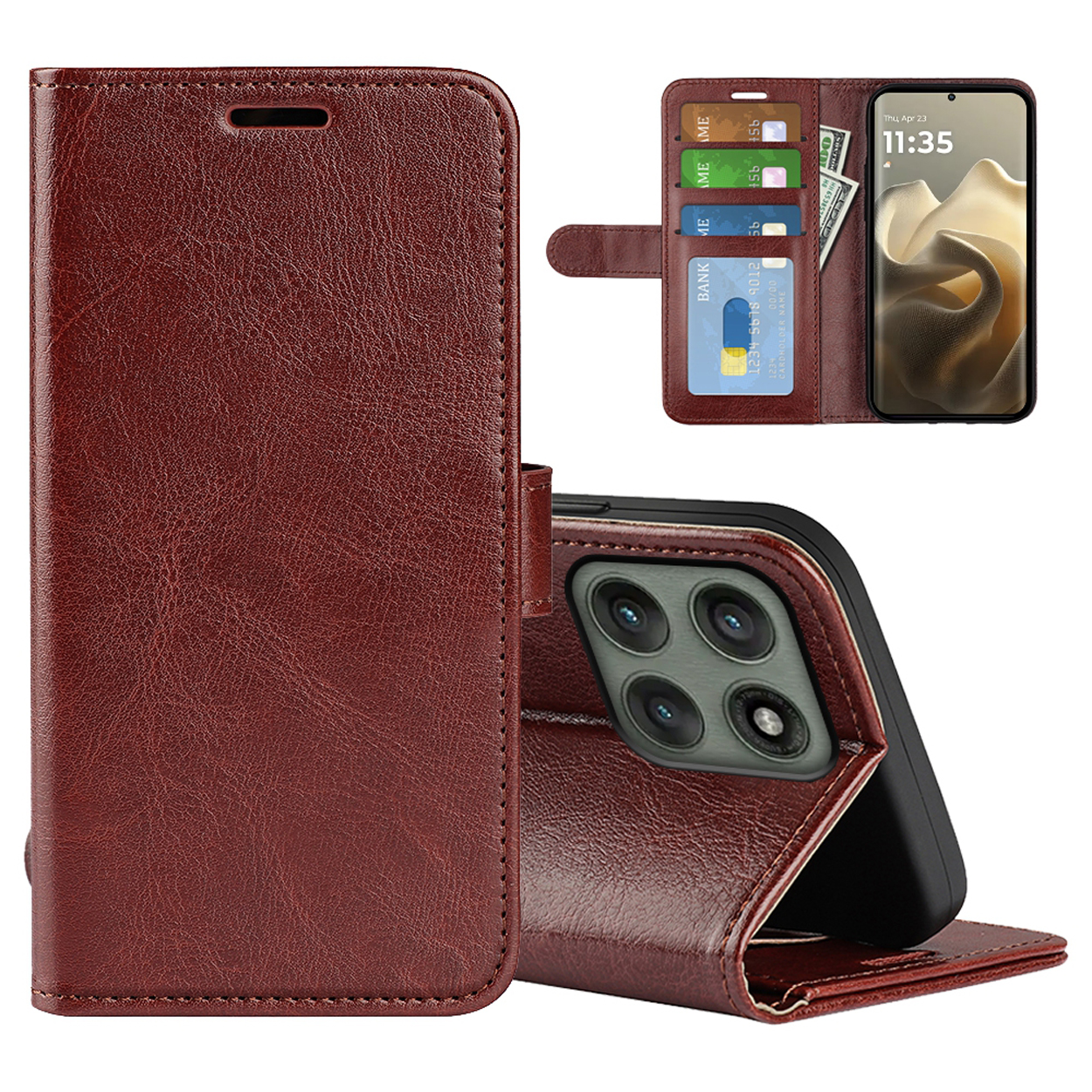 Un étui en cuir marron avec un téléphone à l'intérieur affichant un écran avec l'heure et de l'argent.