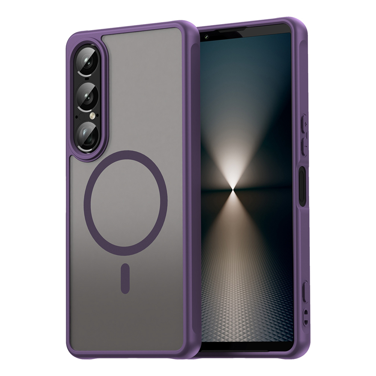 Paarse telefoonhoes met een matte achterkant en een zwarte telefoon erin. Heeft een magnetische cirkel.