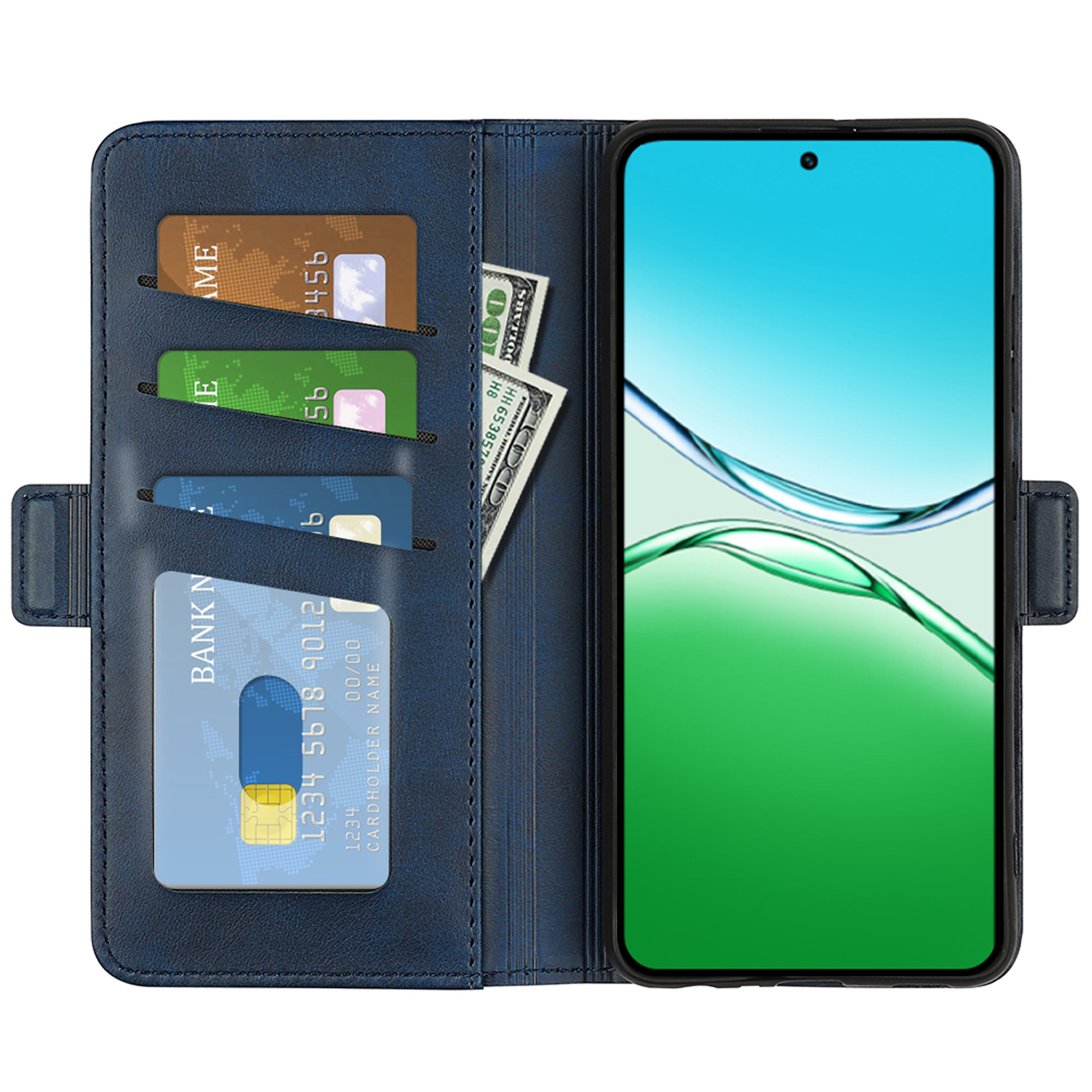 Open blauwe leren telefoonhoes met creditcards, contant geld en een telefoon. Het telefoonscherm is groen.