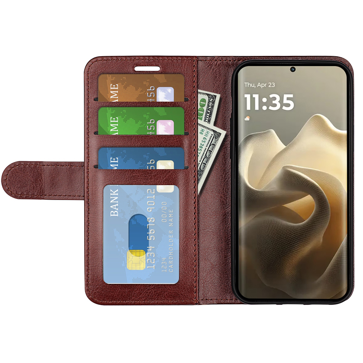 Étui de téléphone marron avec téléphone et cartes. L'étui est ouvert, révélant un téléphone, des cartes et de l'argent liquide.