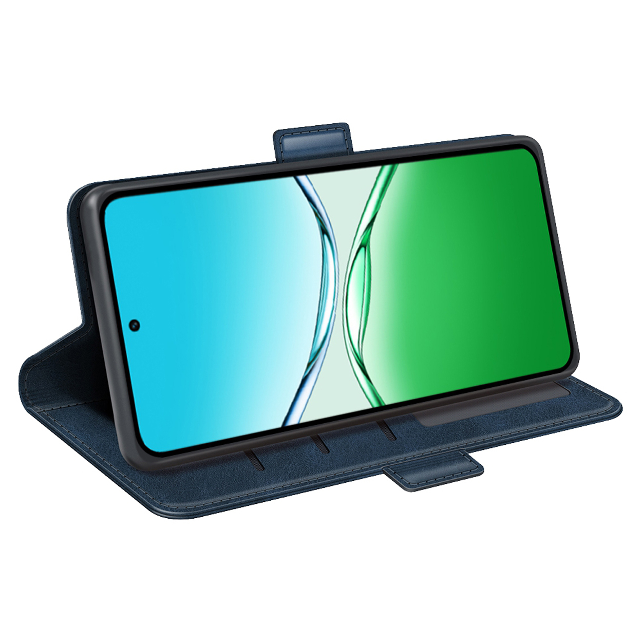 Een blauwe telefoonhoes met een zwarte telefoon erin. De telefoon toont een waterachtig behang.