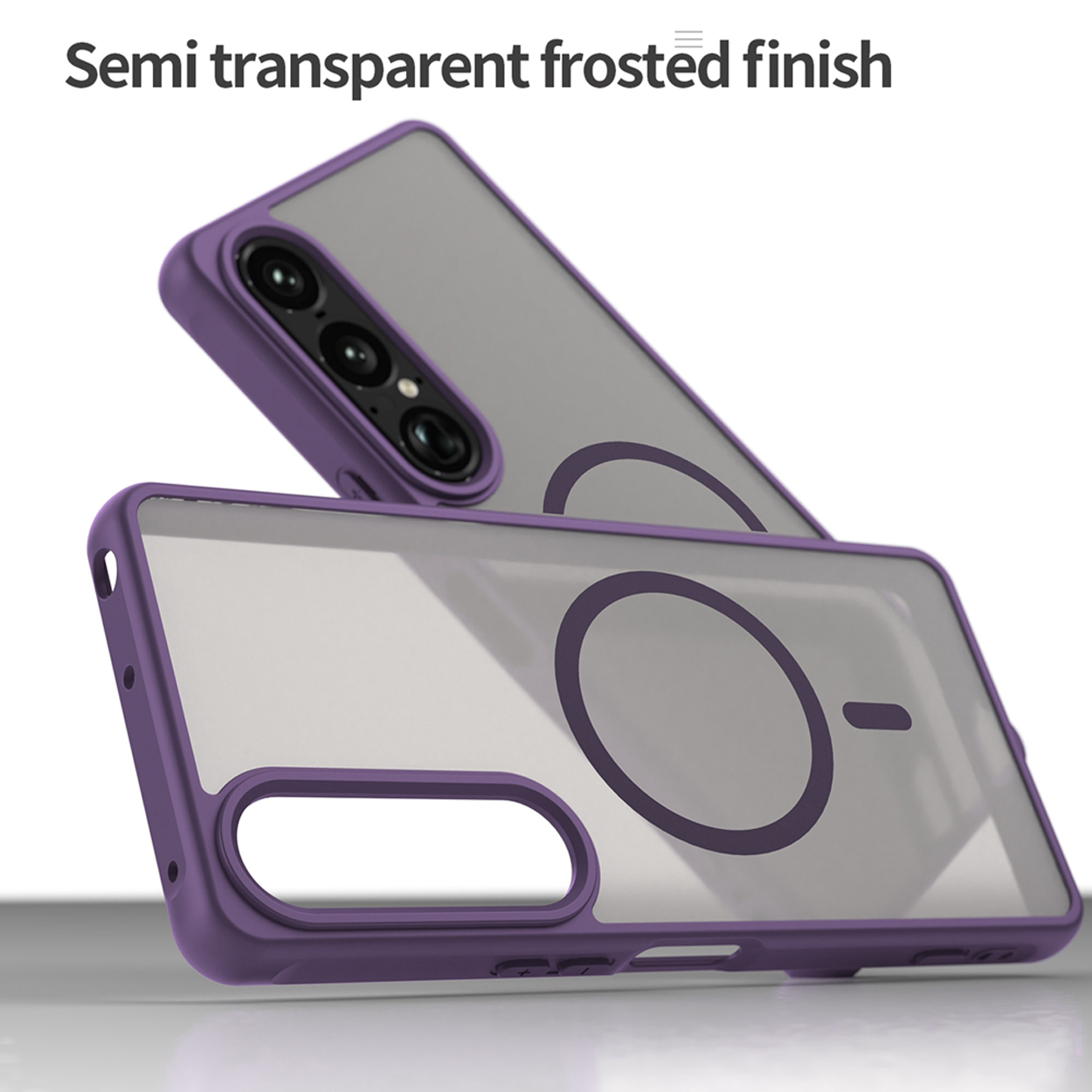 Twee paarse telefoonhoesjes, de ene bovenop de andere. Beide hebben een matte achterkant en een magnetische cirkel.