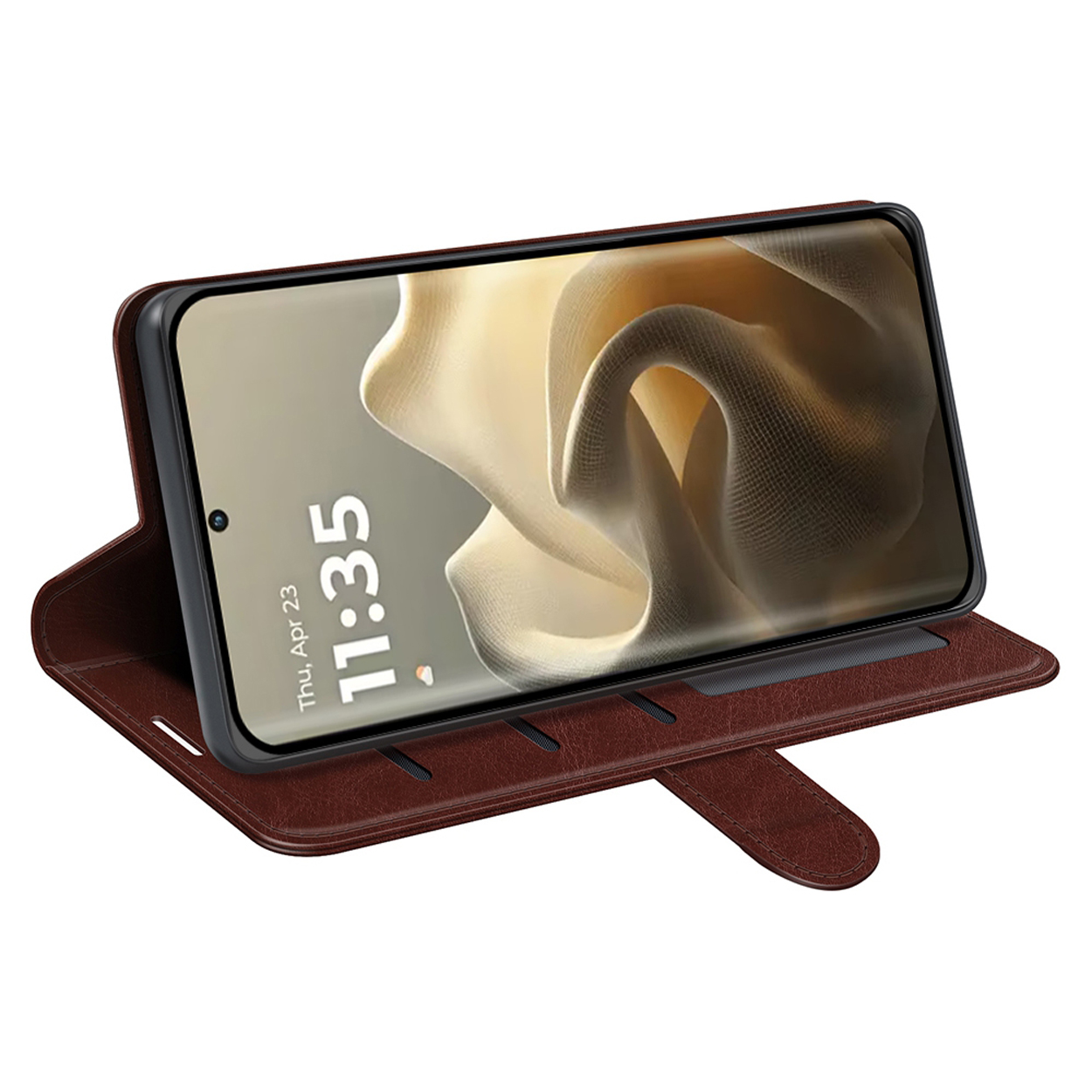 Étui de téléphone marron avec un téléphone à l'intérieur, indiquant l'heure. L'étui est ouvert, révélant un design de type portefeuille.