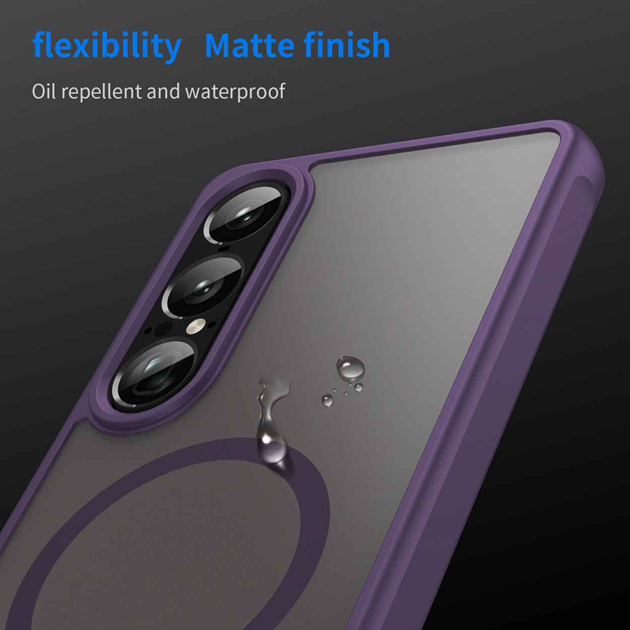 Paarse telefoonhoes detail met waterdruppels. De hoes heeft een matte achterkant en een magnetische cirkel.