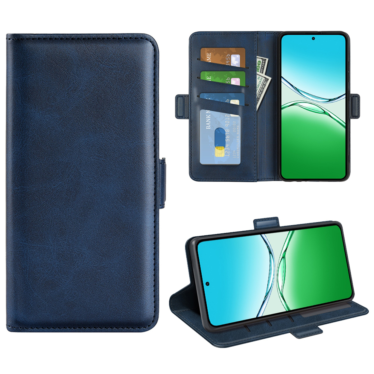 Marineblauwe telefoonhoes in meerdere weergaven met telefoon en kaarten. De telefoon staat in verschillende posities.