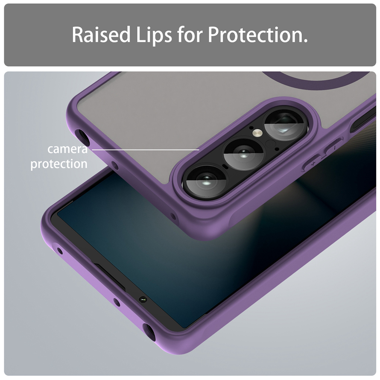 Een paarse telefoonhoes met een telefoon erin. De telefoon staat onderaan met een zwart scherm. Camera bescherming.