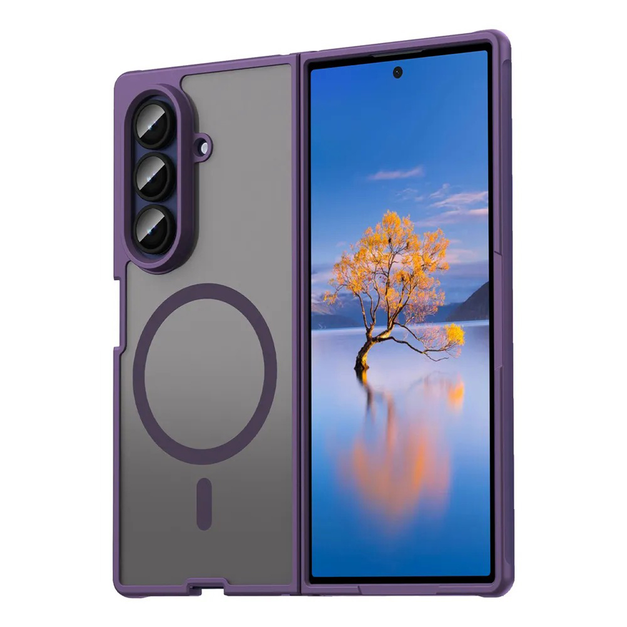 Een paarse telefoonhoes met een telefoon erin. De telefoon staat aan de rechterkant. Een boom staat op het scherm.