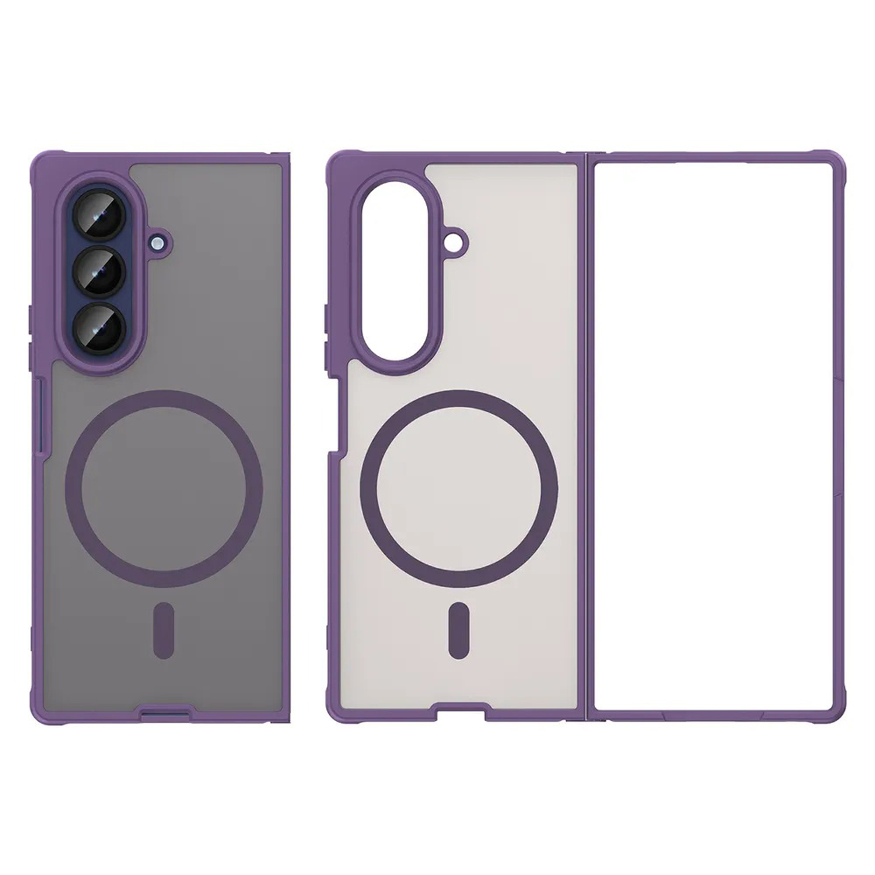 Twee paarse telefoonhoesjes. Eén is open en één is dicht. Beide hebben een matte achterkant en een magnetische cirkel.