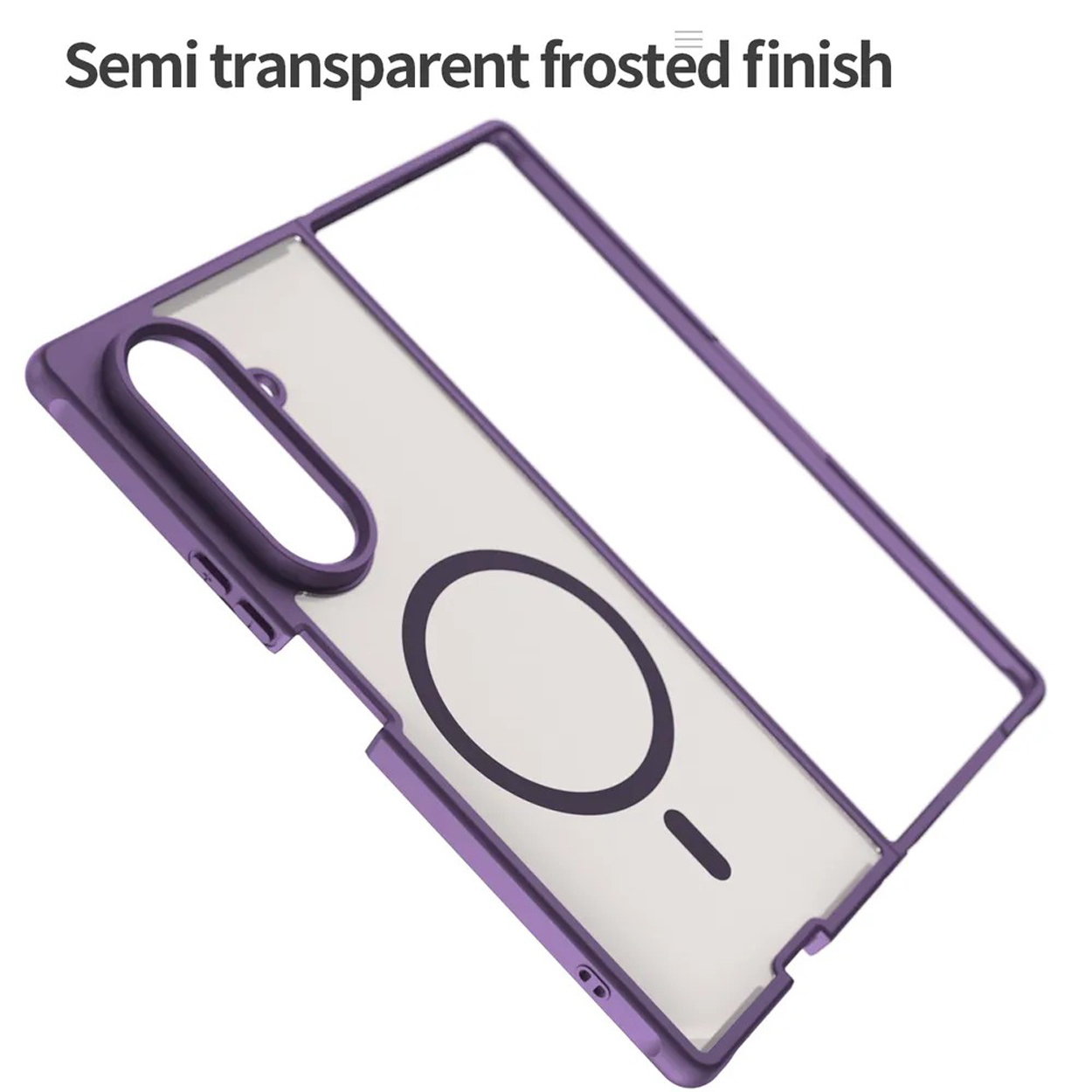 Paarse telefoonhoes met een matte achterkant en een magnetische cirkel. De telefoonhoes staat schuin.