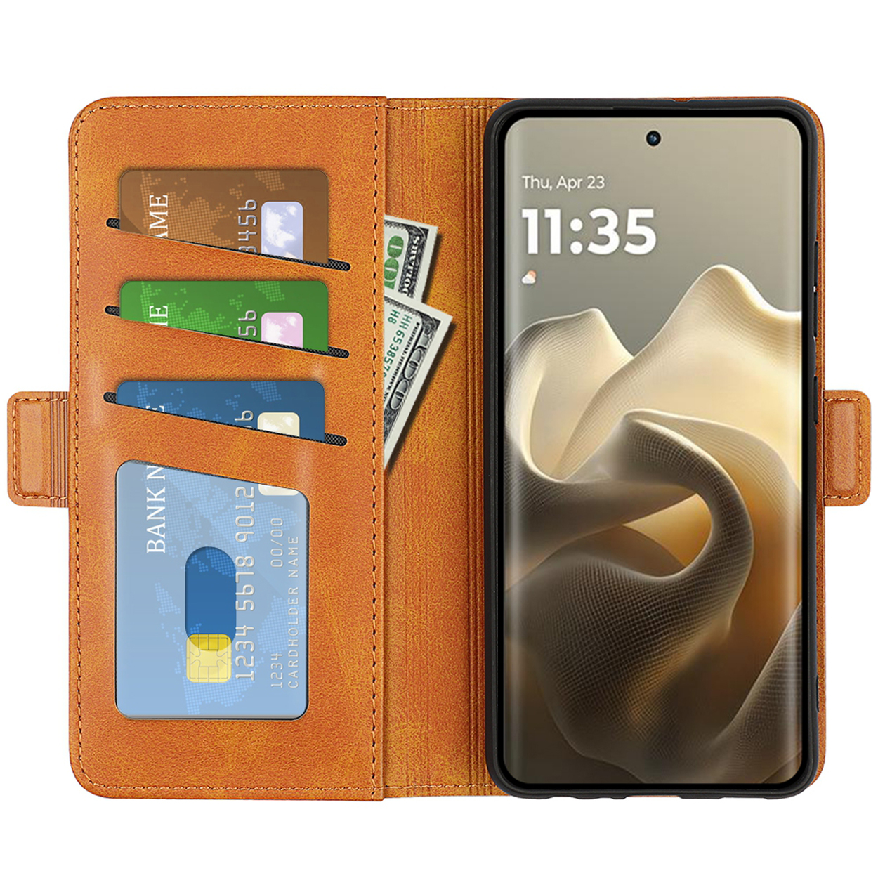 Een bruin telefoonhoesje met kaarten en geld erin. Rechts is een telefoon zichtbaar.