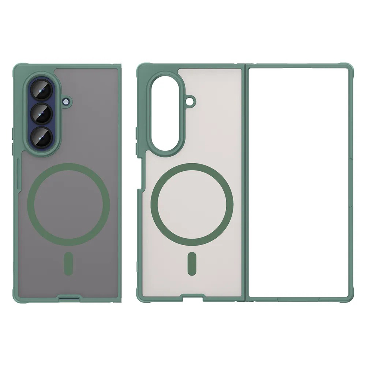 Groene telefoonhoes, gesplitst. Twee helften met camera-uitsparing en magnetische cirkel.