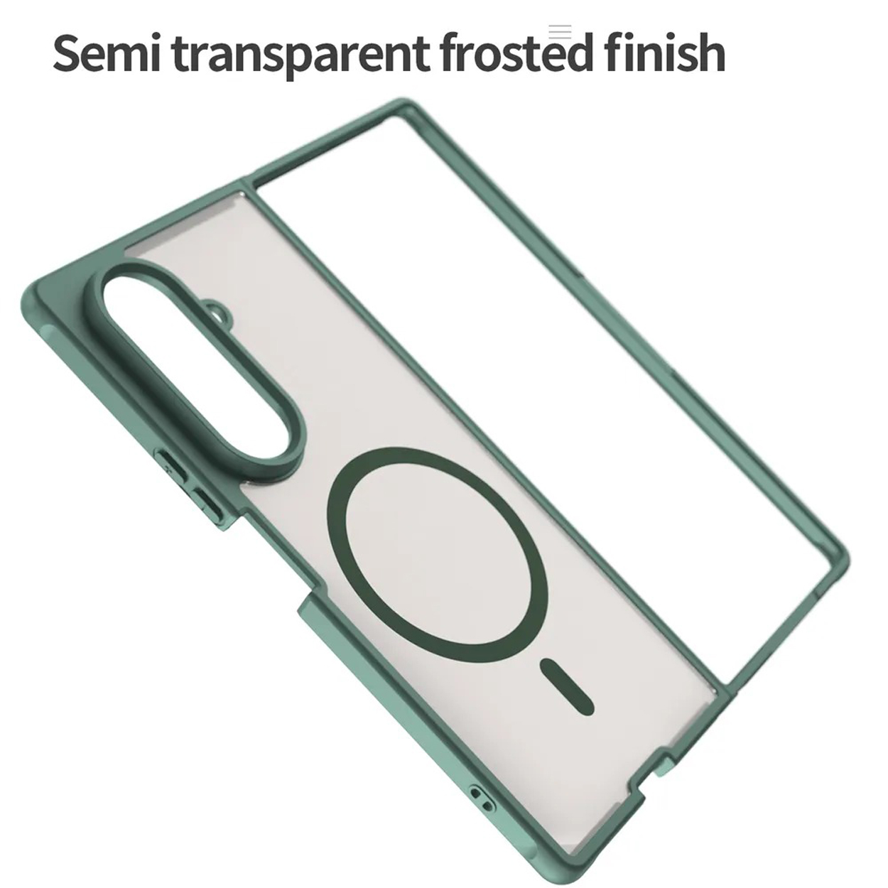 Groen telefoonhoesframe met een transparant midden. Het frame heeft een magnetische ring en tekstoverlay.