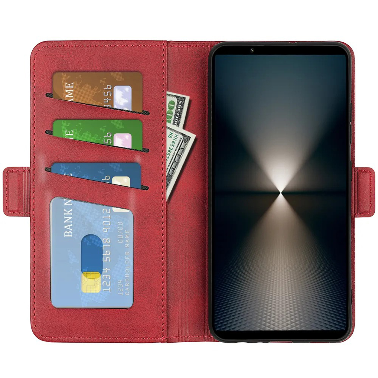 Rode leren telefoonhoes, open met telefoon, kaarten en geld erin.