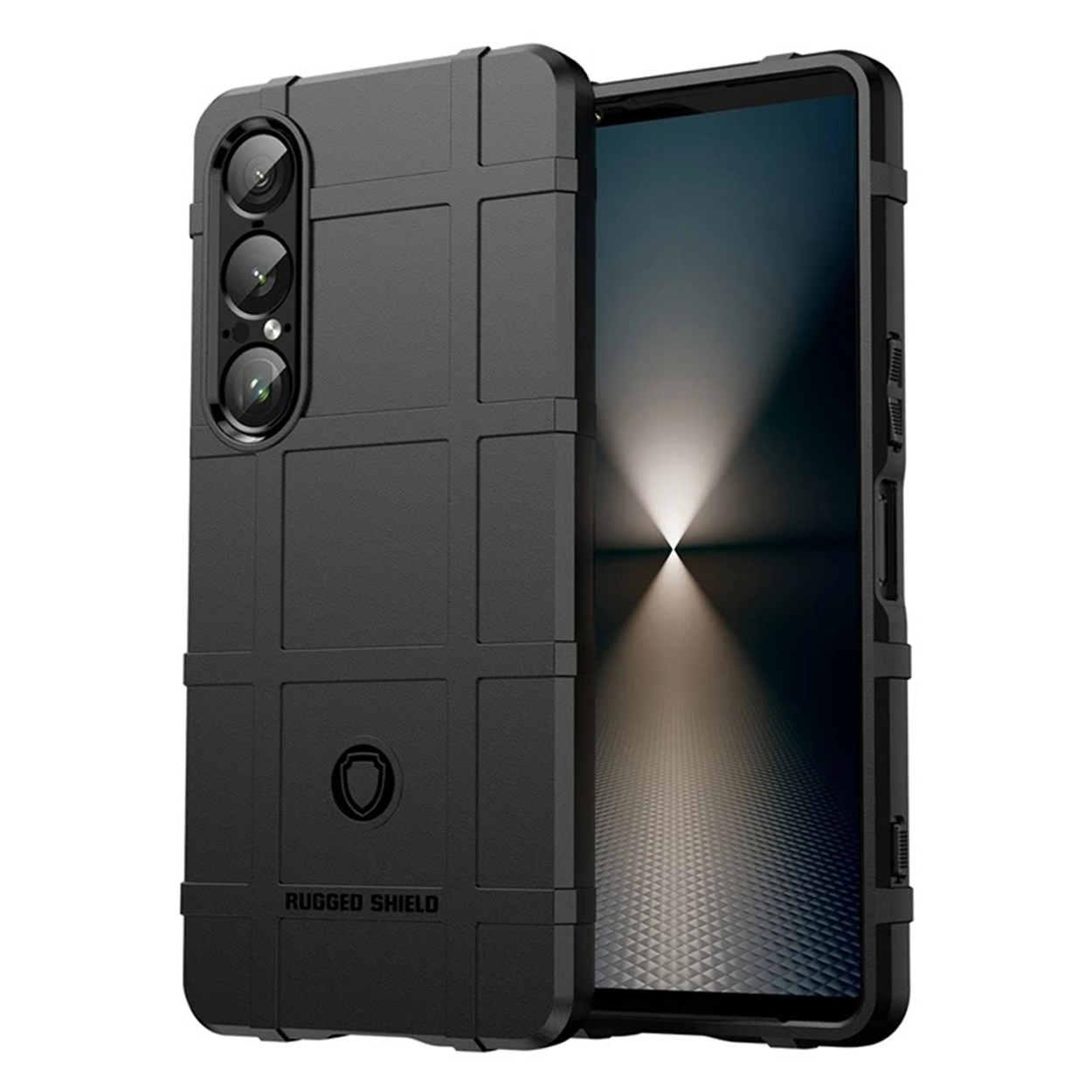 Zwarte, robuuste telefoonhoes met een telefoon erin. Vierkant patroon op de achterkant.