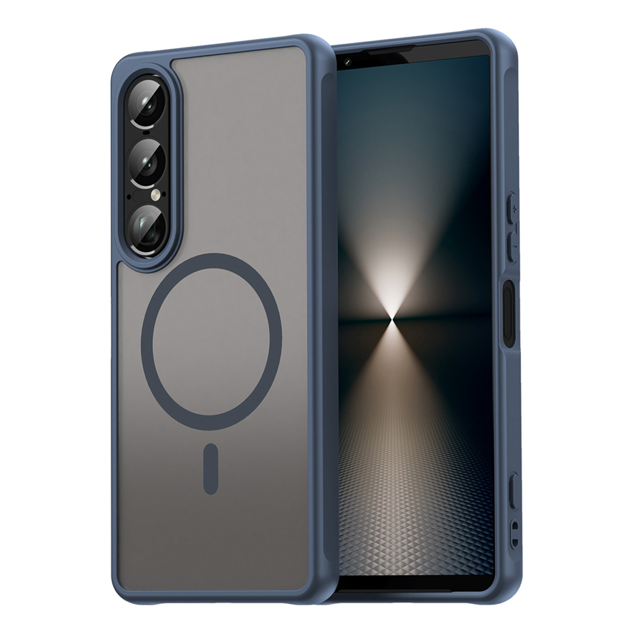 Blauwe telefoonhoes, met een telefoon erin. Voorzien van een camera-uitsparing en een magnetische cirkel.