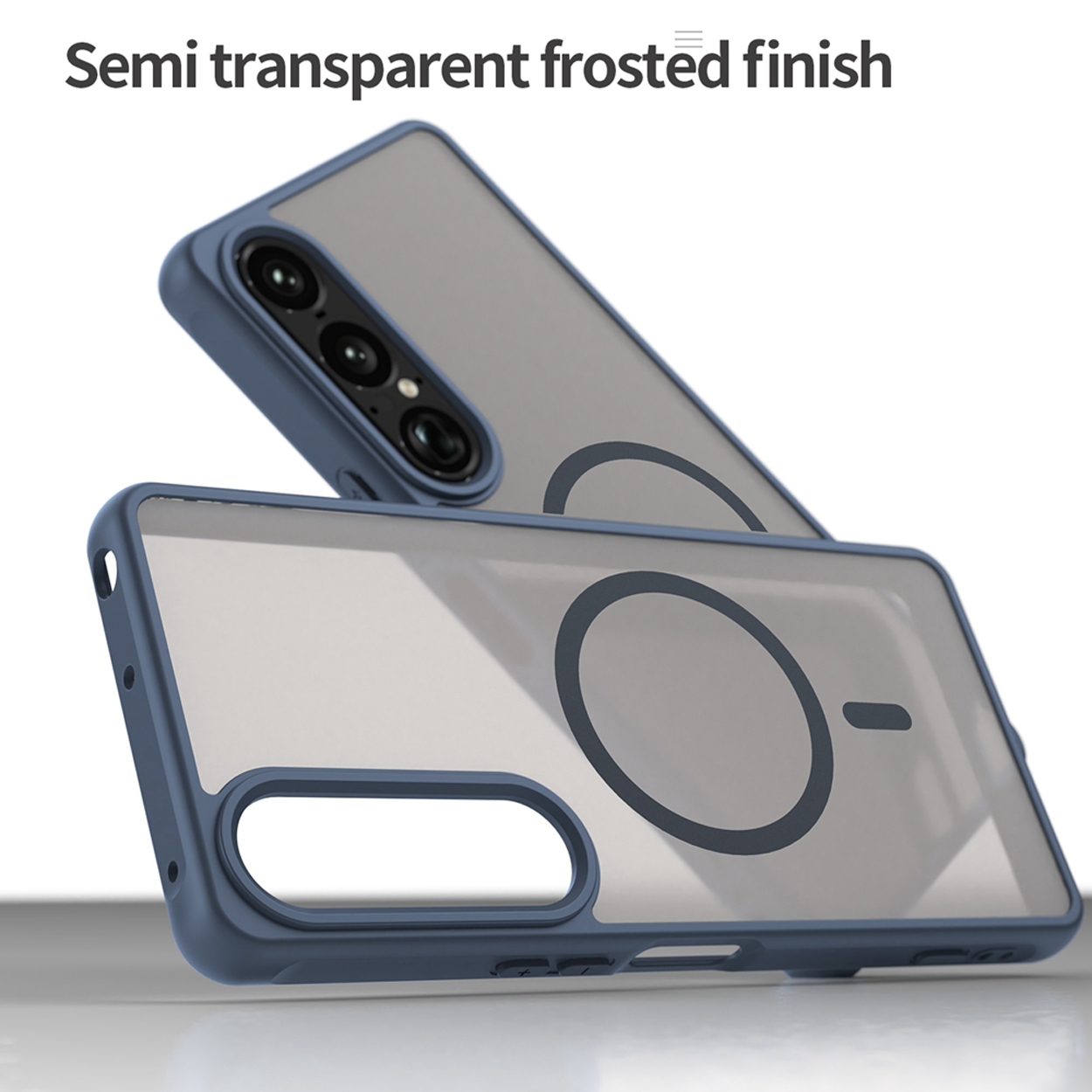 Twee blauwe telefoonhoesjes, één boven de ander. De bovenste hoes is transparant, met een blauw frame. De onderste hoes is ook blauw.