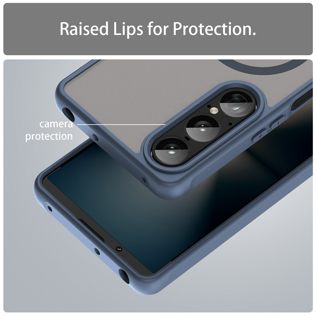 Twee blauwe telefoonhoesjes, één open, camerabescherming gemarkeerd. De telefoon zit in de hoes. De tekst luidt 'Verhoogde lippen voor bescherming'.