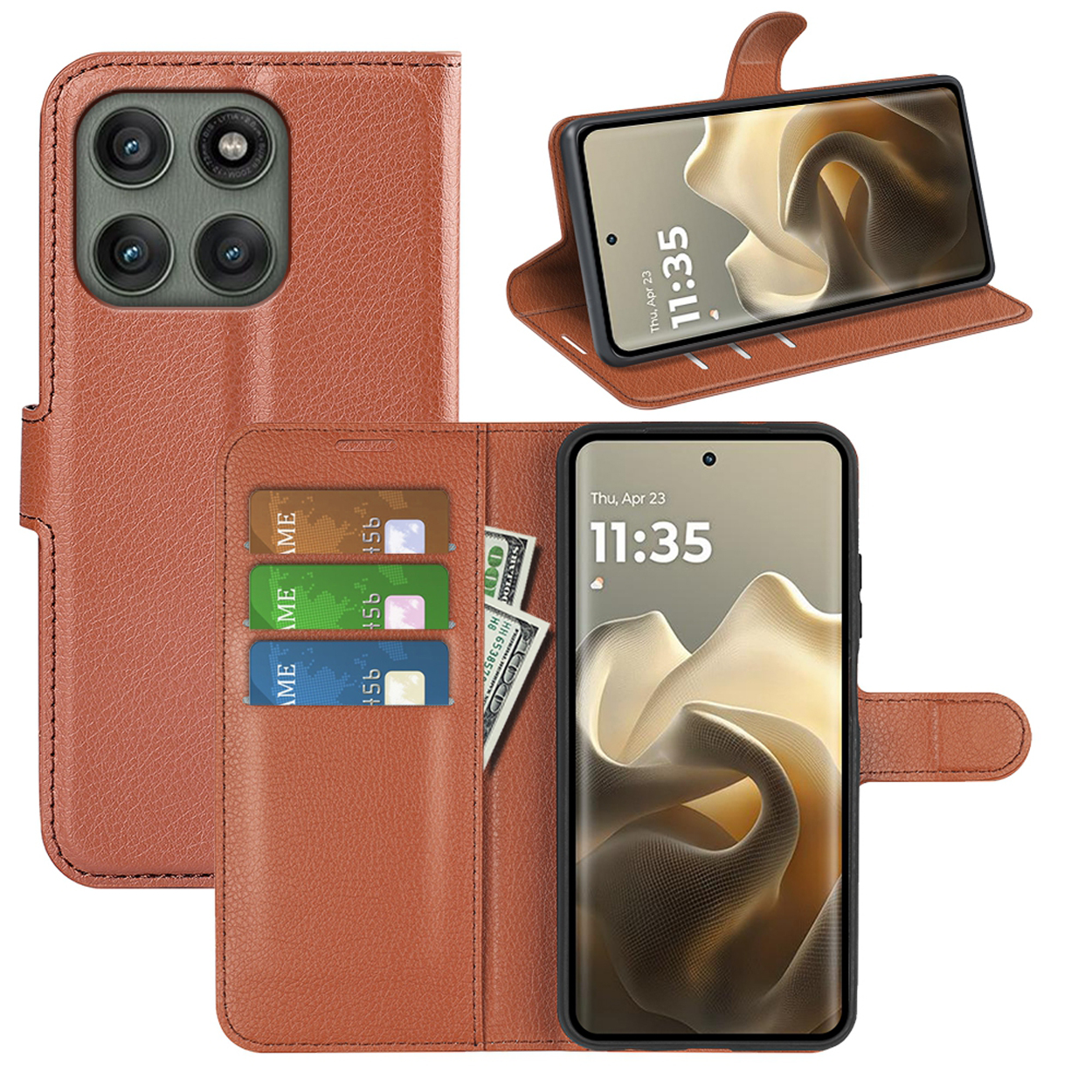 Étui de téléphone en cuir marron, ouvert avec cartes et argent. Téléphone à l'intérieur affichant l'heure. Plusieurs vues de l'étui.