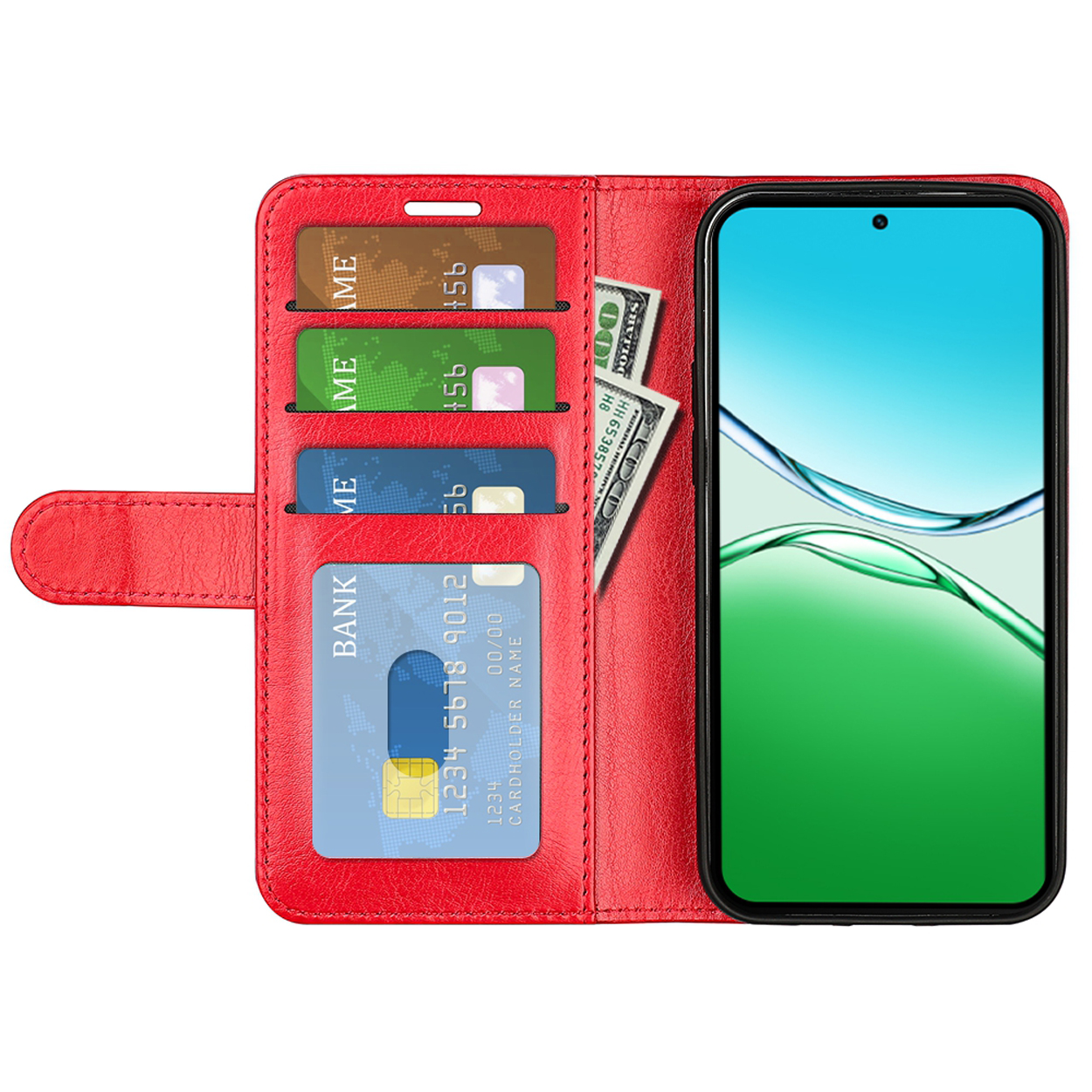 Rode leren telefoonhoes open, met kaarten en contant geld, en de telefoon toont een groen scherm.